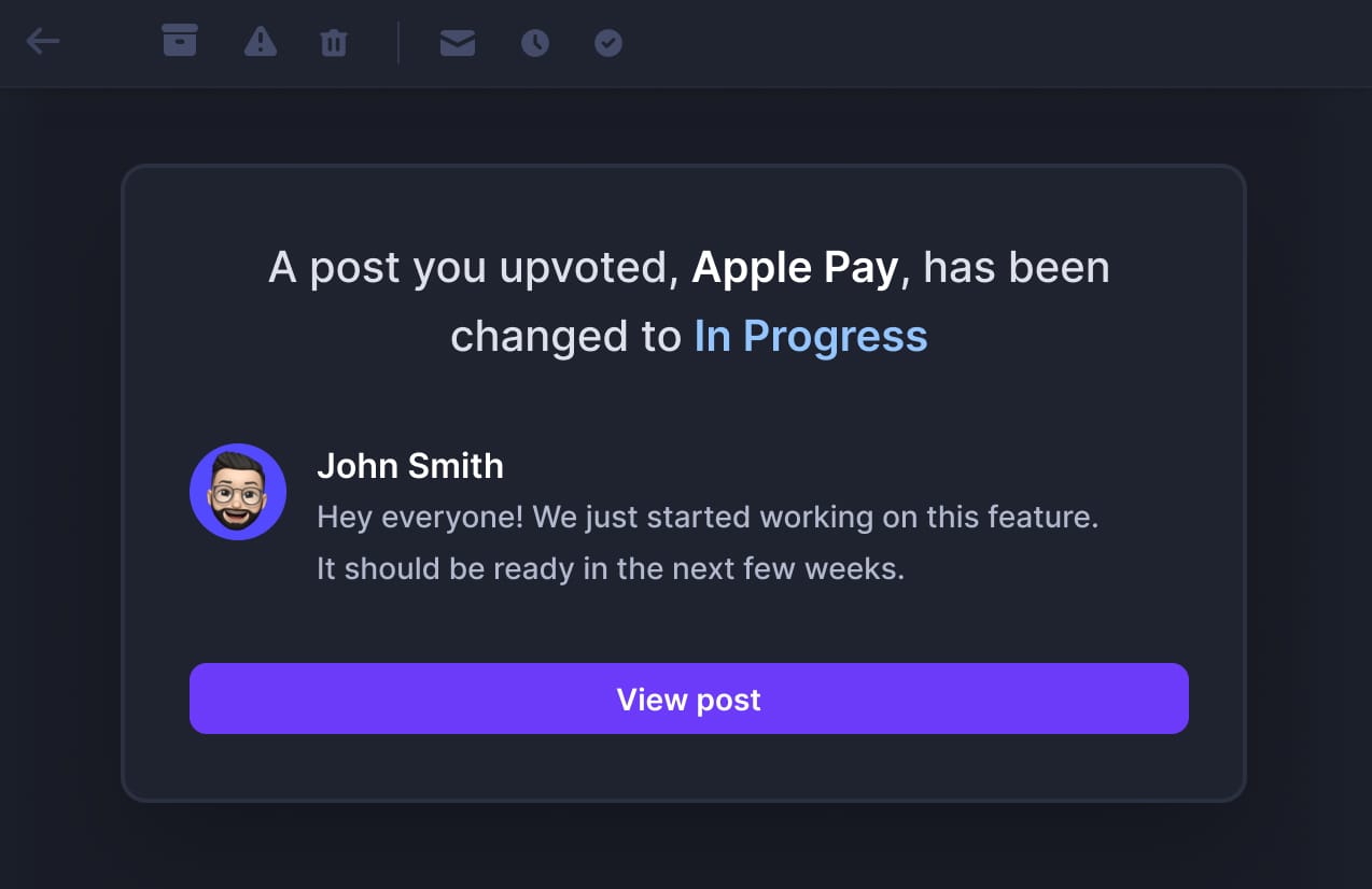Featurebase's automated product update email to users.