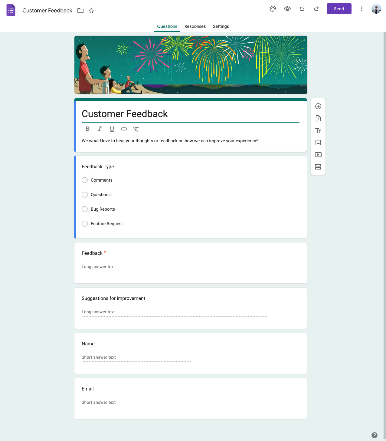 Google Forms customer feedback template.