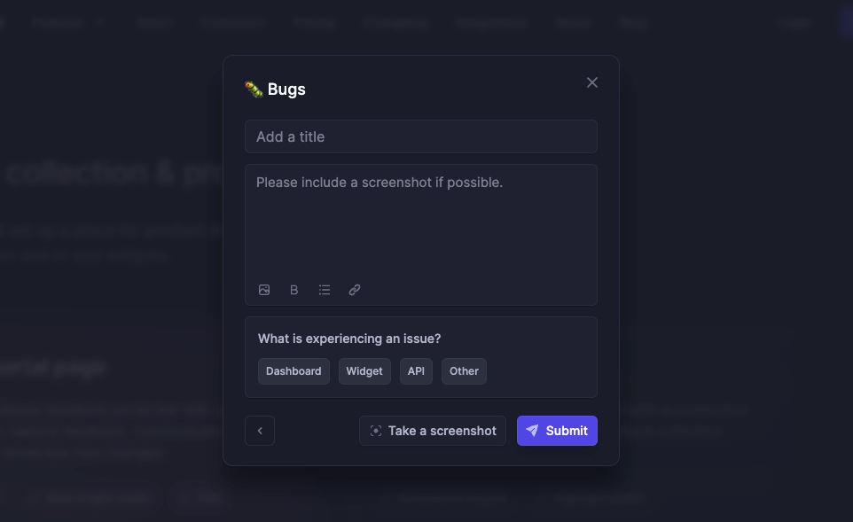 Featurebase's in-app bug reporting widget.