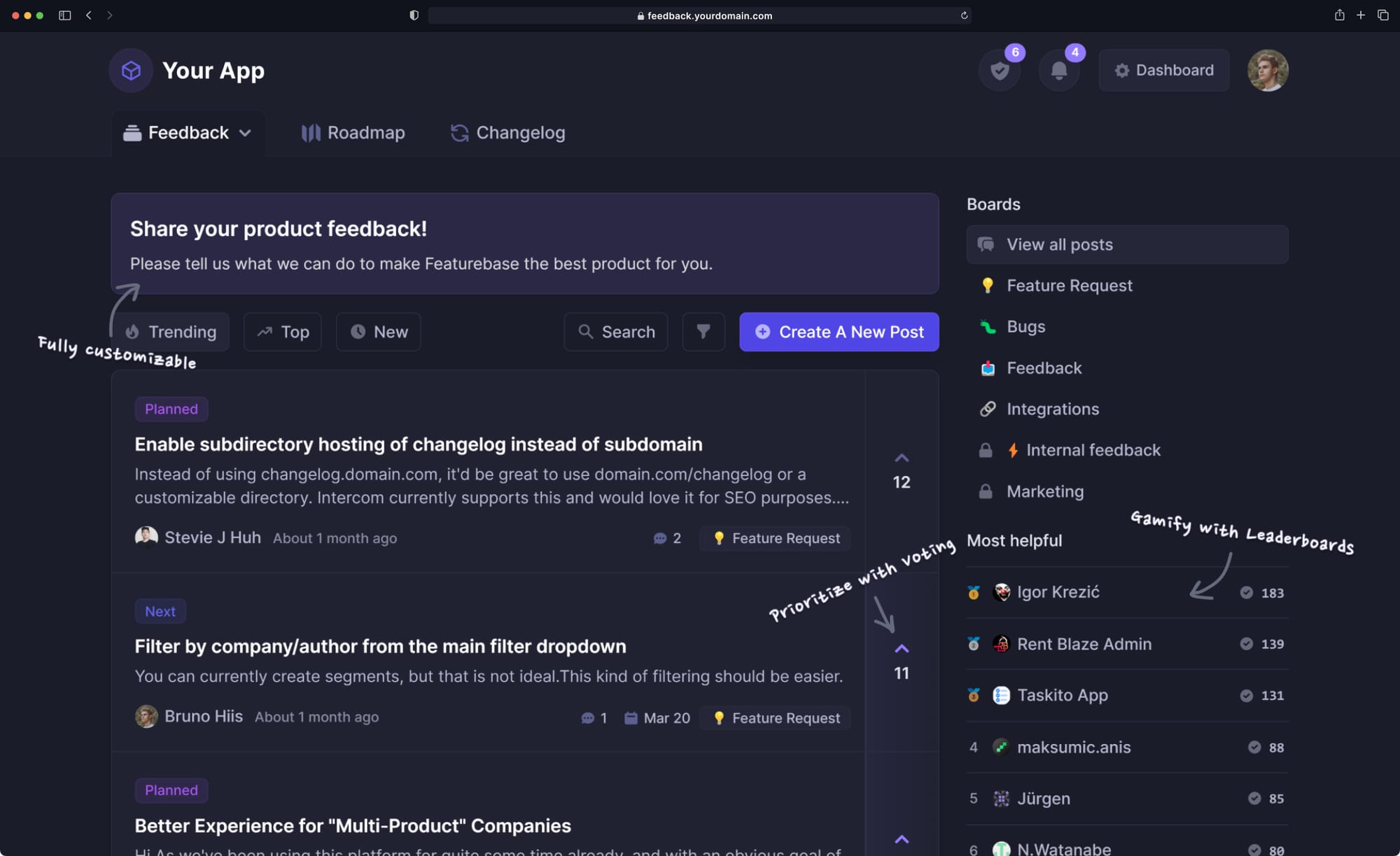 Featurebase's public feedback portal.