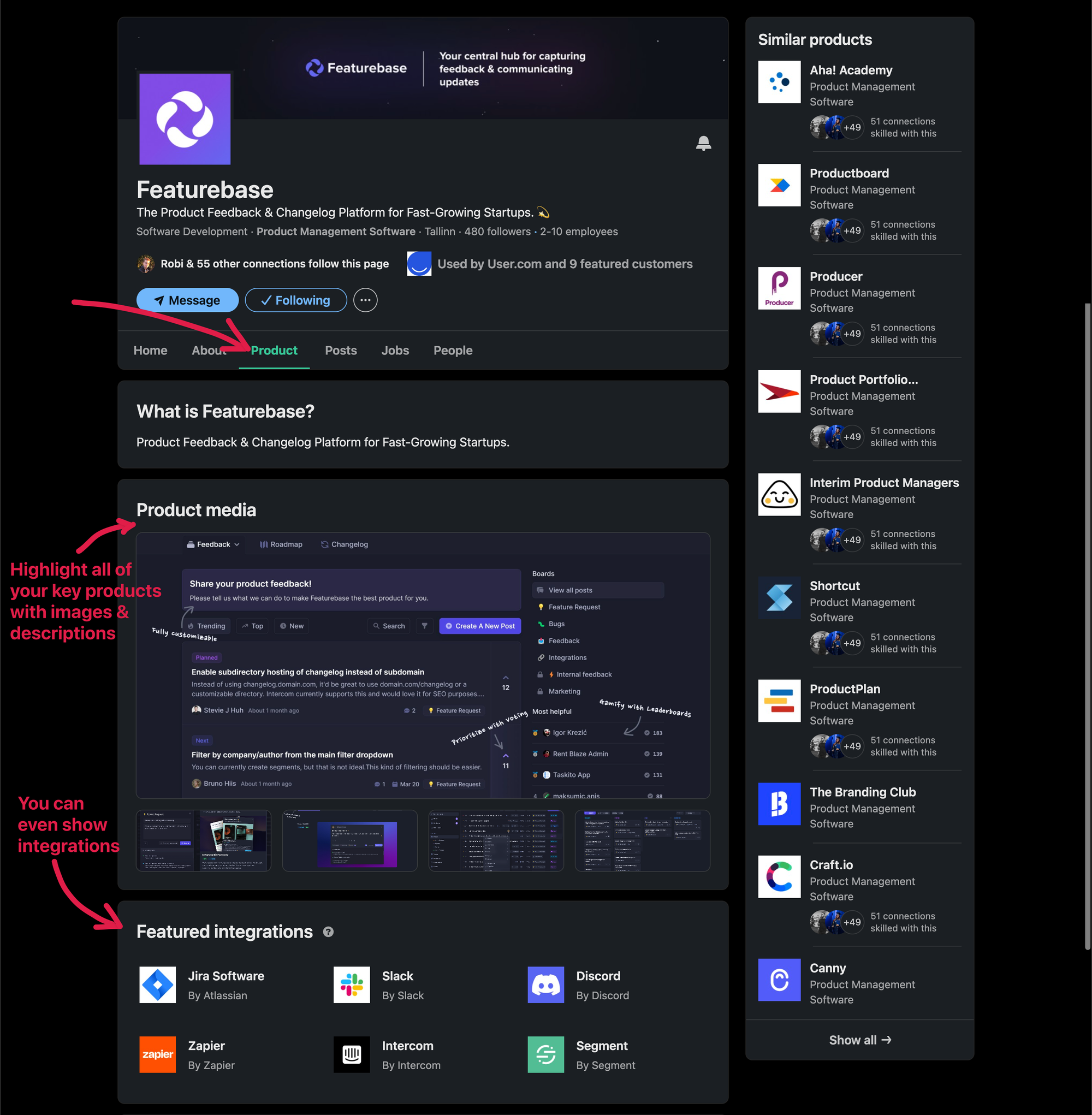 Product pages for Companies on LinkedIn.