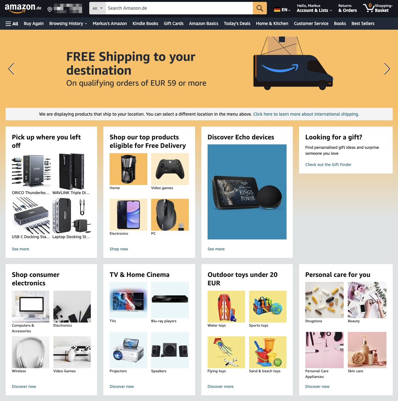 Amazon's home page showing a lot of featured products.