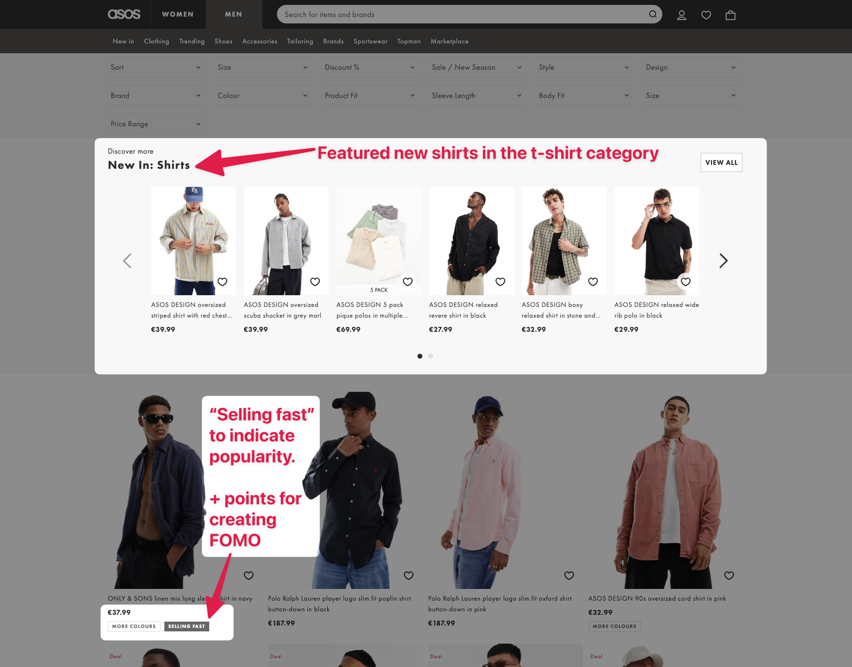 Example of featured and popular products in a men's t-shirt category.