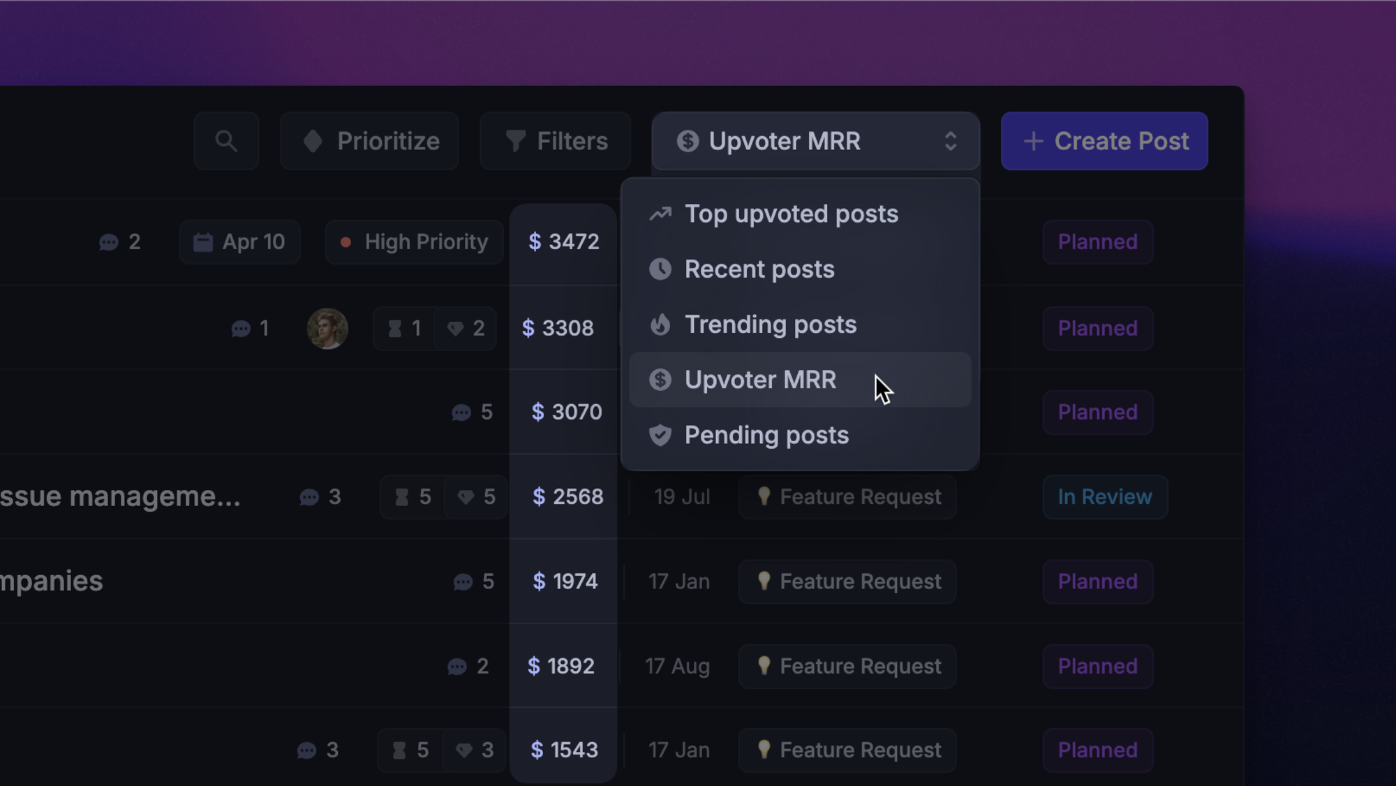 Illustration of sorting feedback by uvpoter revenue contribution in Featurebase.