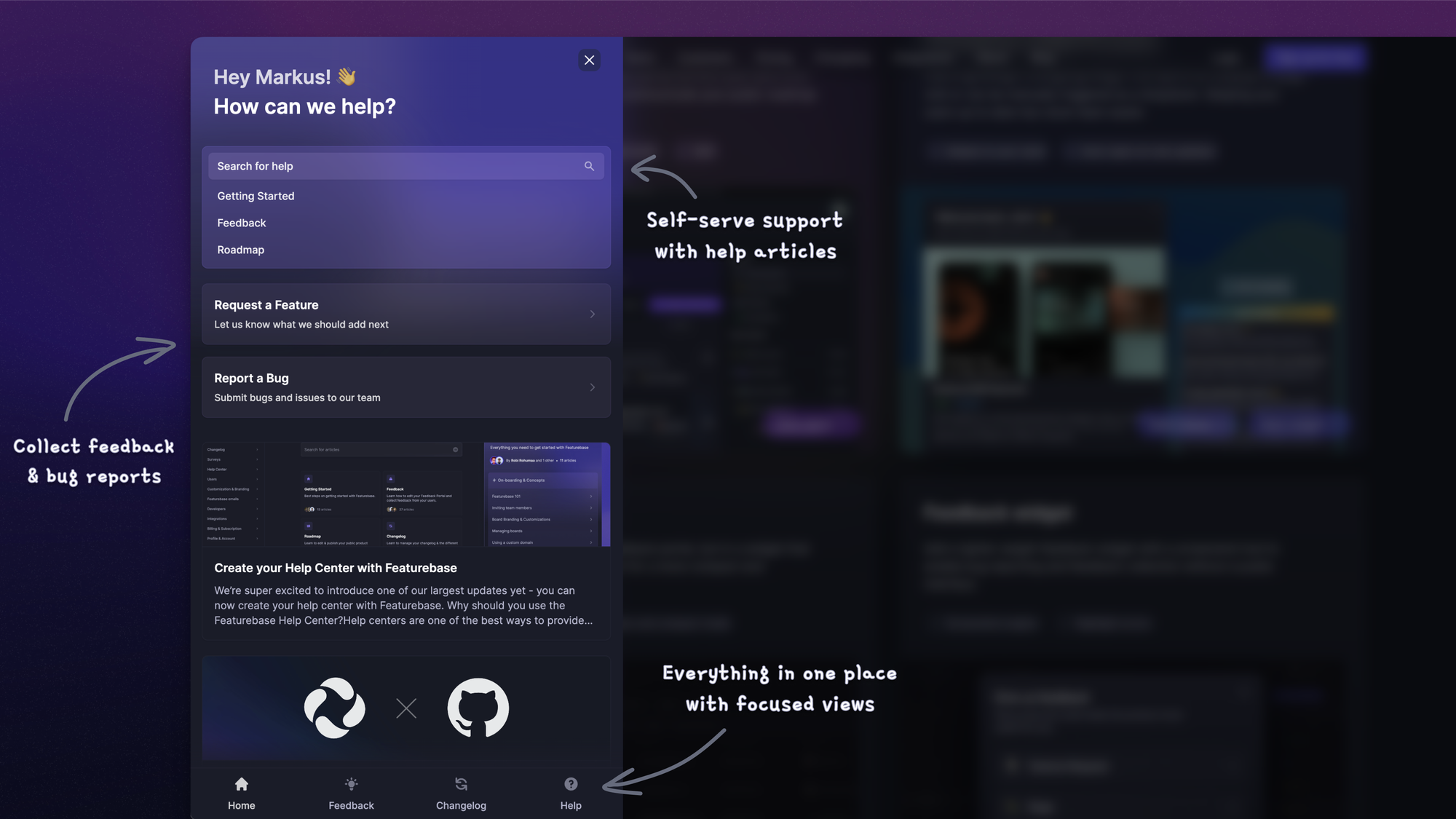 Featurebase's all-in-one in-app widget with feature voting, changelogs, a roadmap, and help articles.