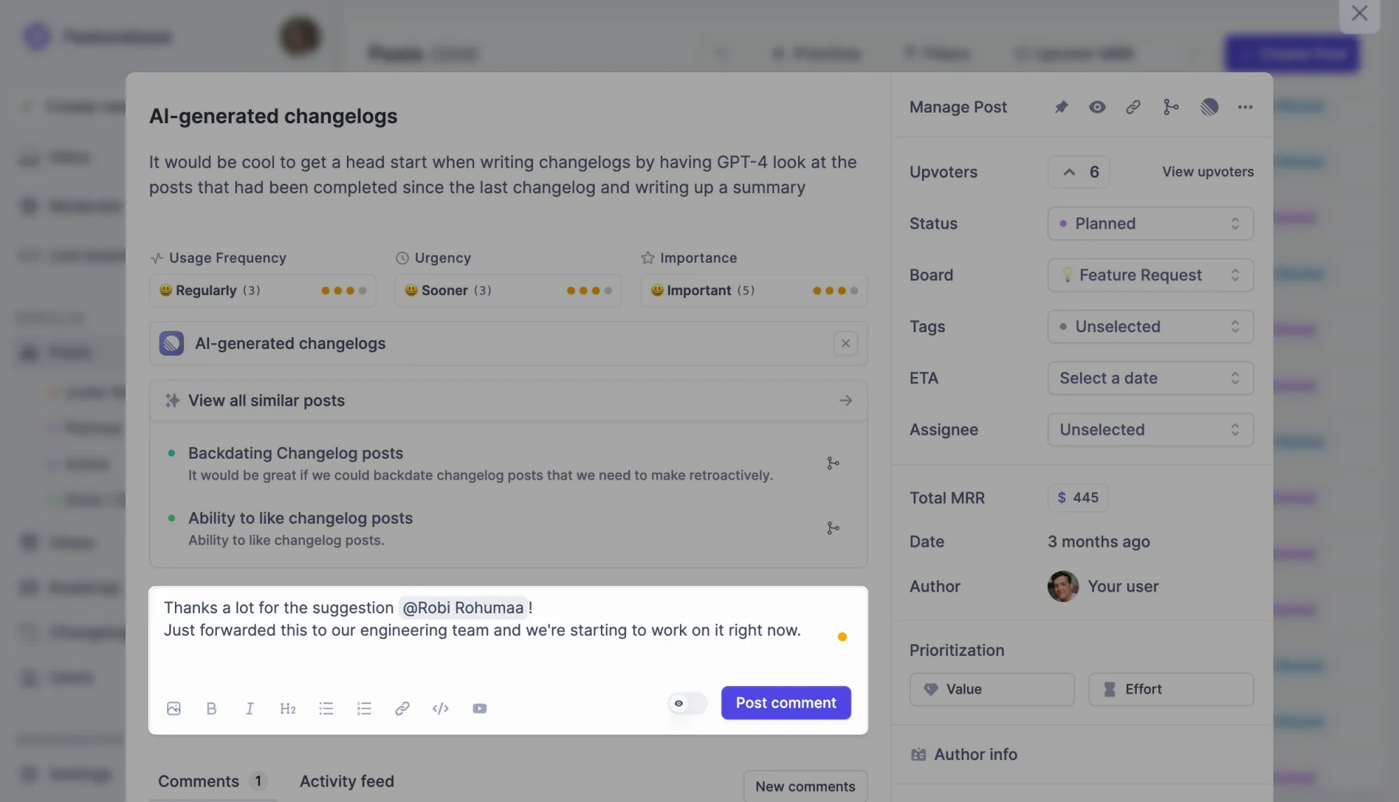 Respond to feedback with notification comments in Featurebase.