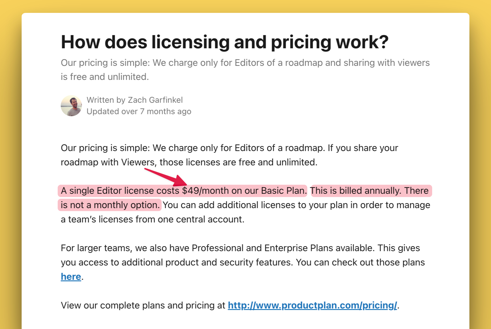 ProductPlan's help center article on pricing.