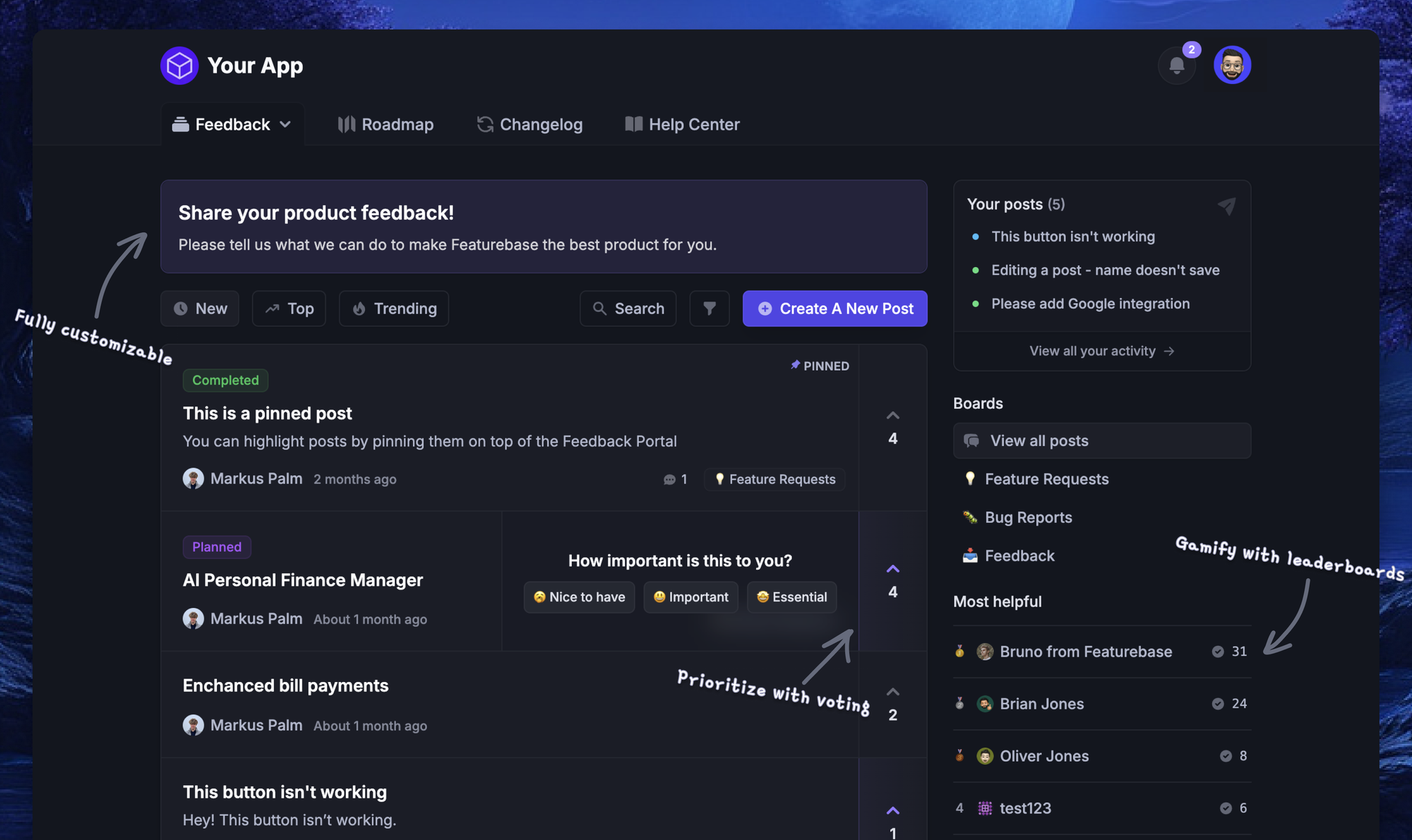 Featurebase's feedback forum.Featurebase is one of the best all-round SaaS feedback tools that offer powerful features at affordable prices.
