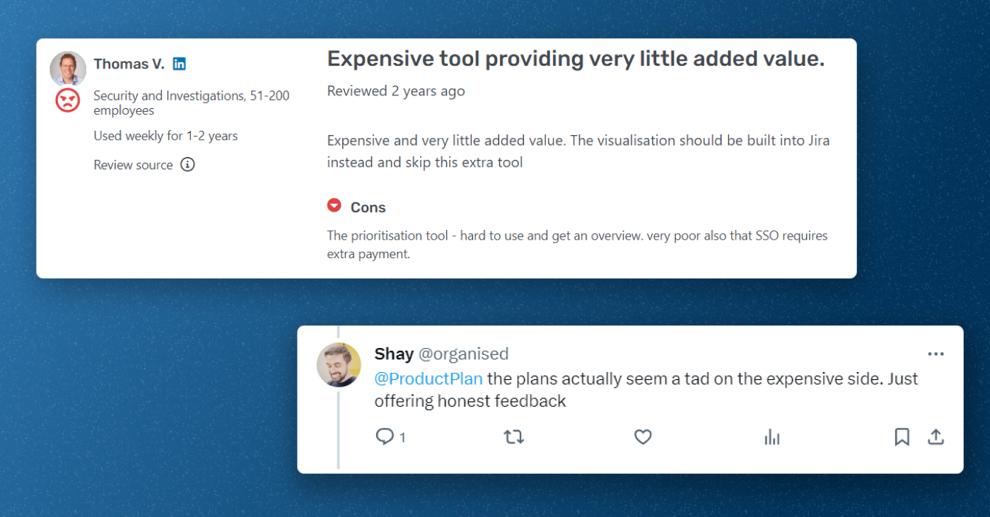 Twitter illustration of complaints about ProductPlan being expensive.