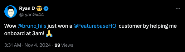 Screenshot of twitter post praising featurebase's onboarding.