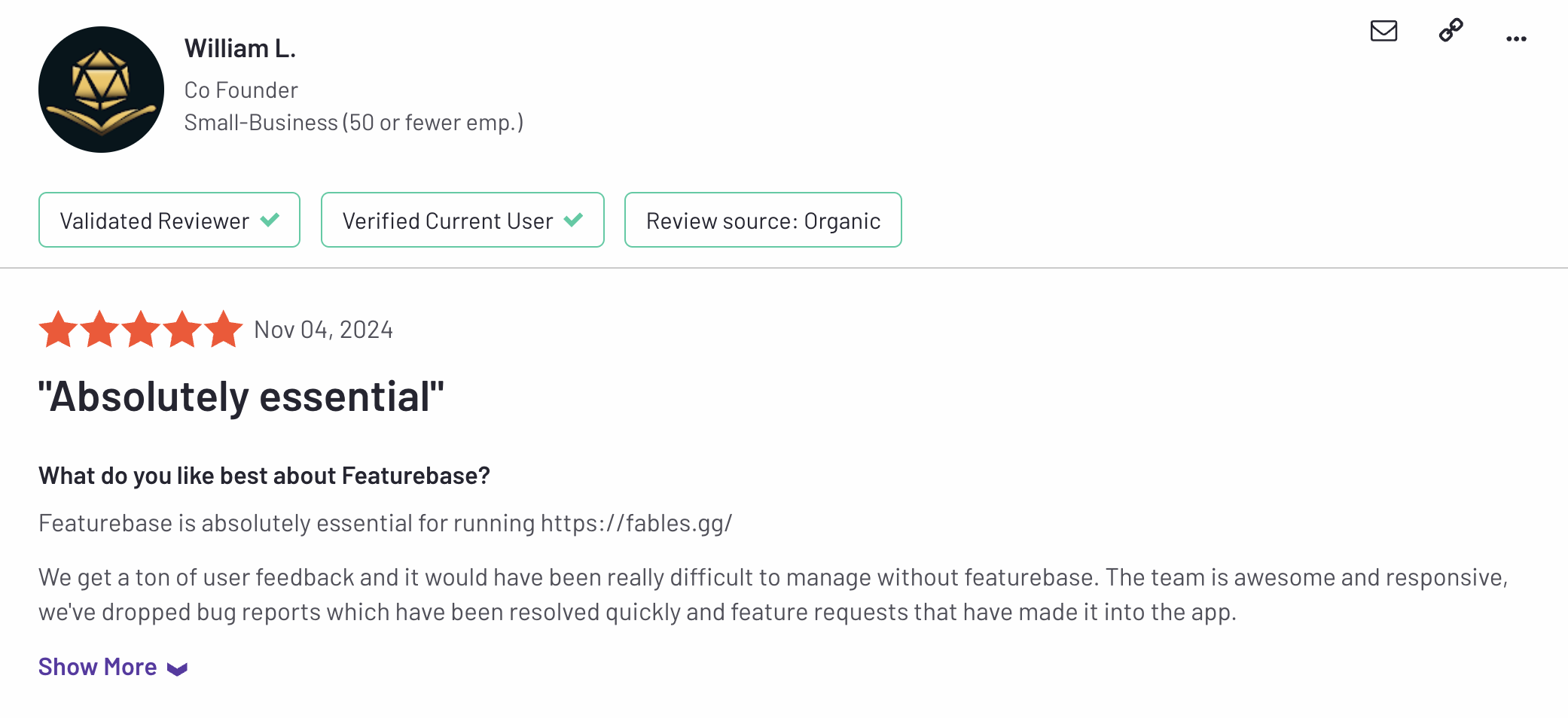 Customer review of Featurebase on G2.