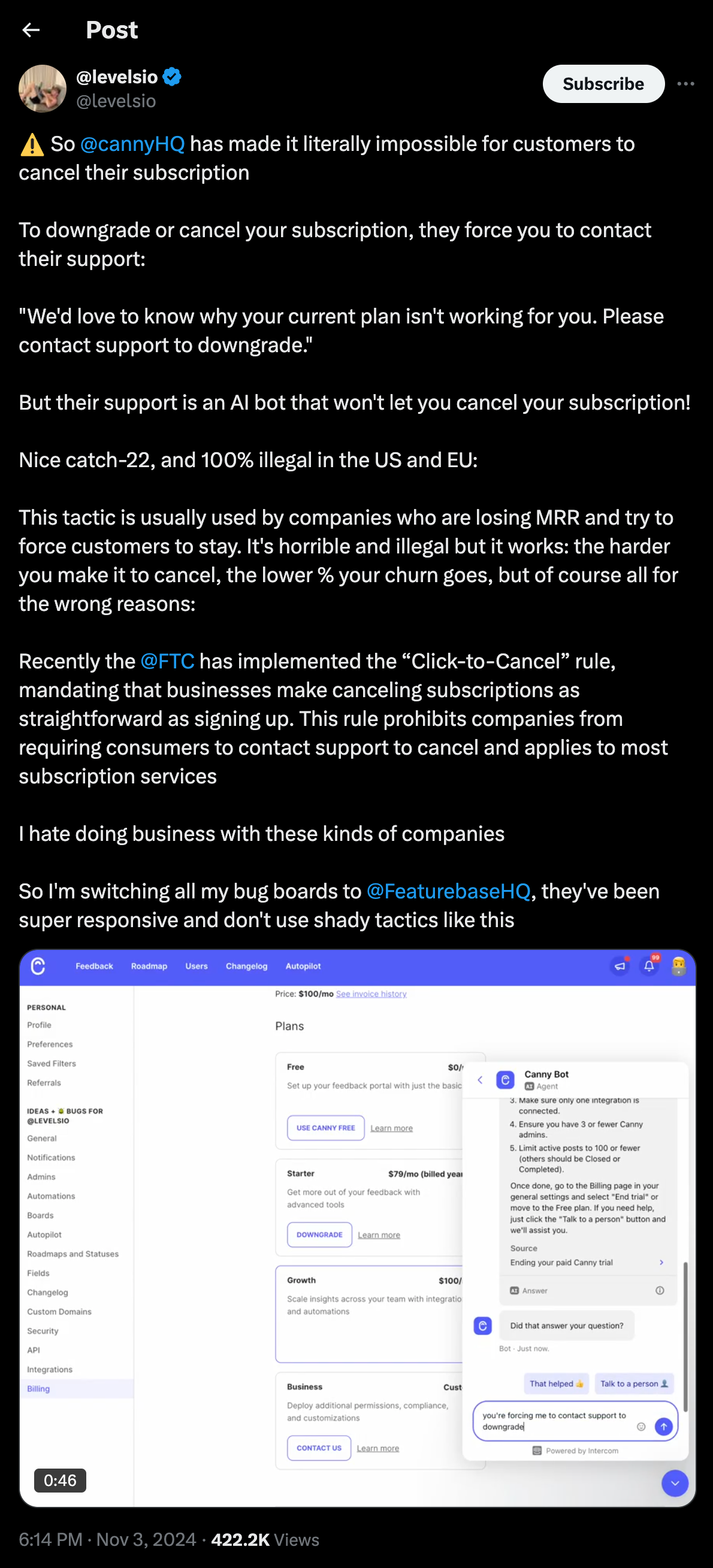 Canny Twitter complaints about not being able to cancel subscriptions.