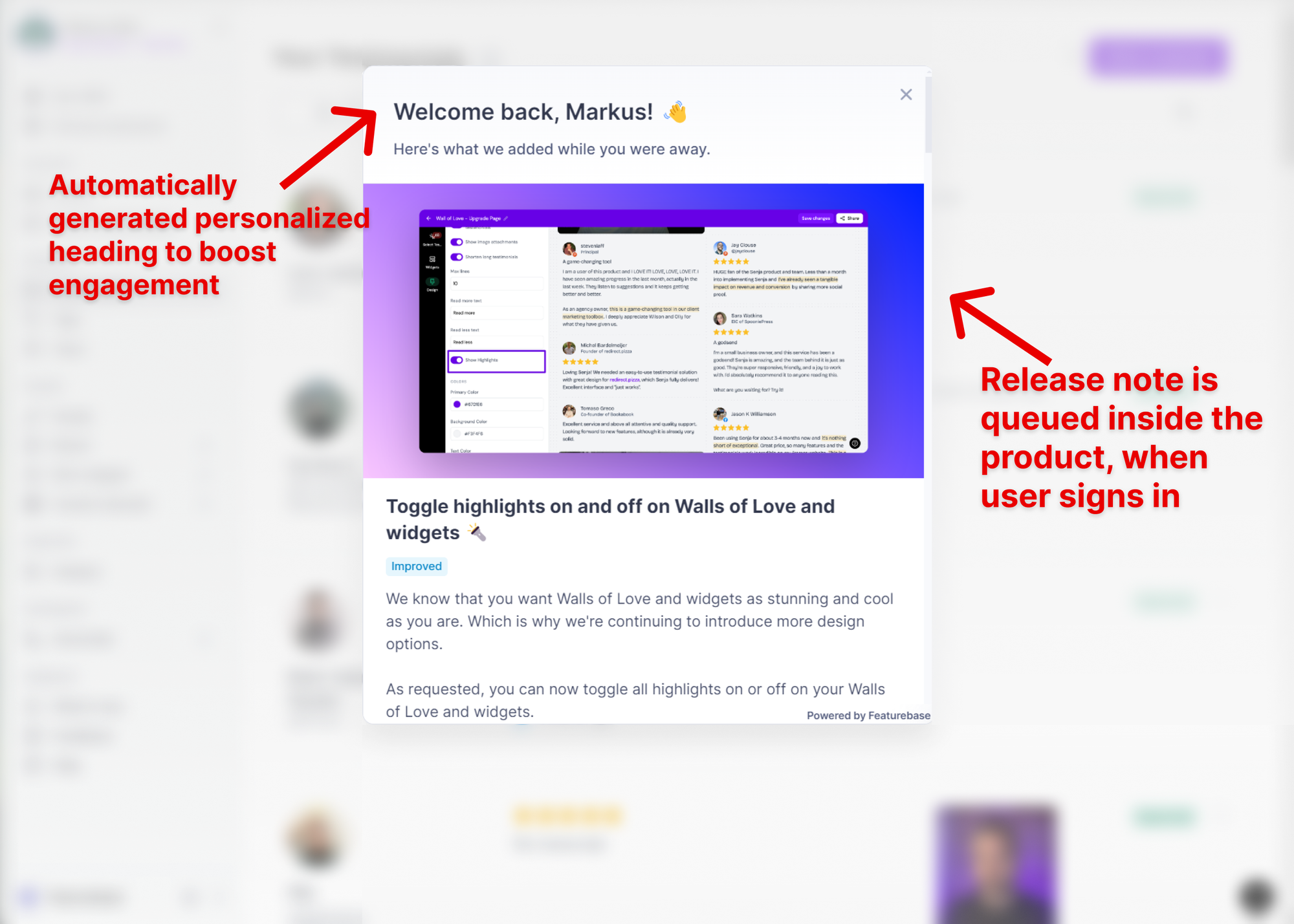 In-app changelog popup example.