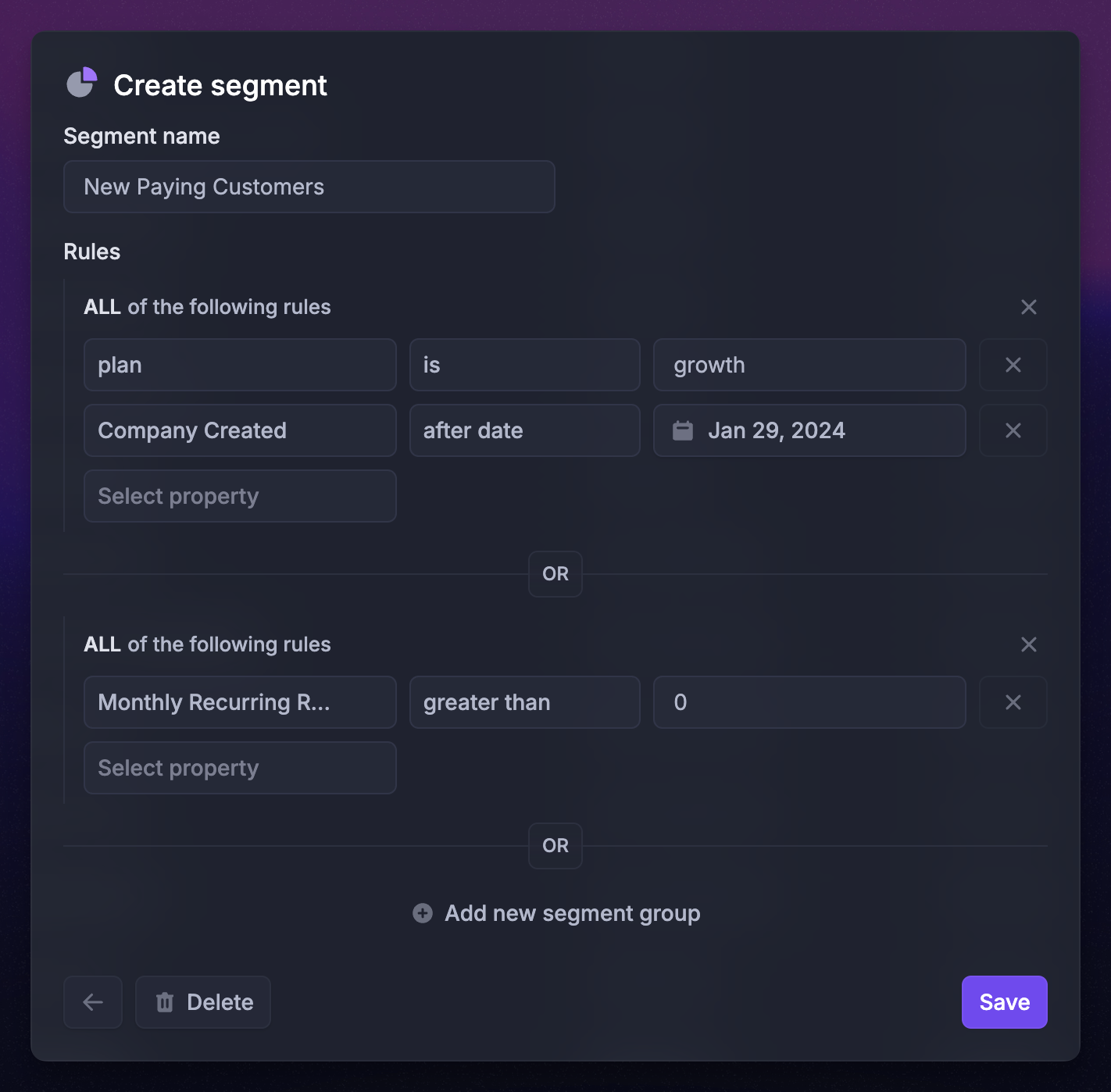 Featurebase's user segementing feature.