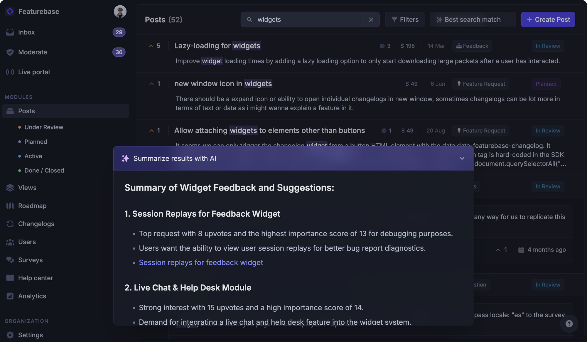 AI feedback summaries in Featurebase.