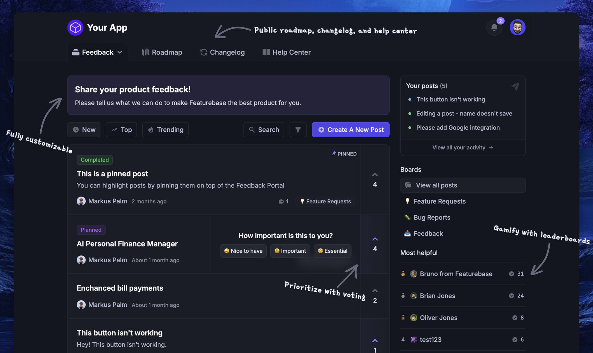 Featurebase's feedback forum.