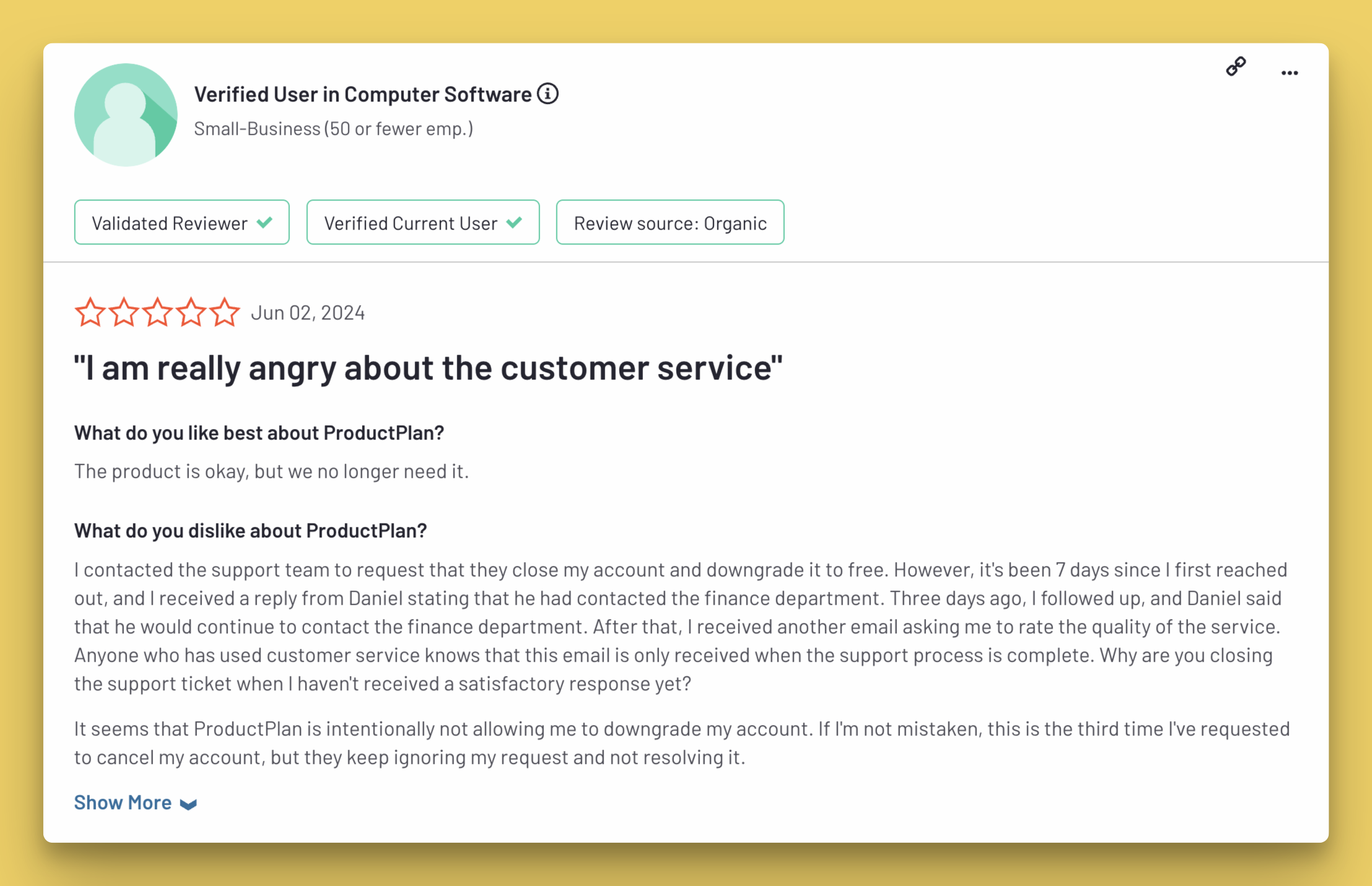 Negative ProductPlan customer review from G2.