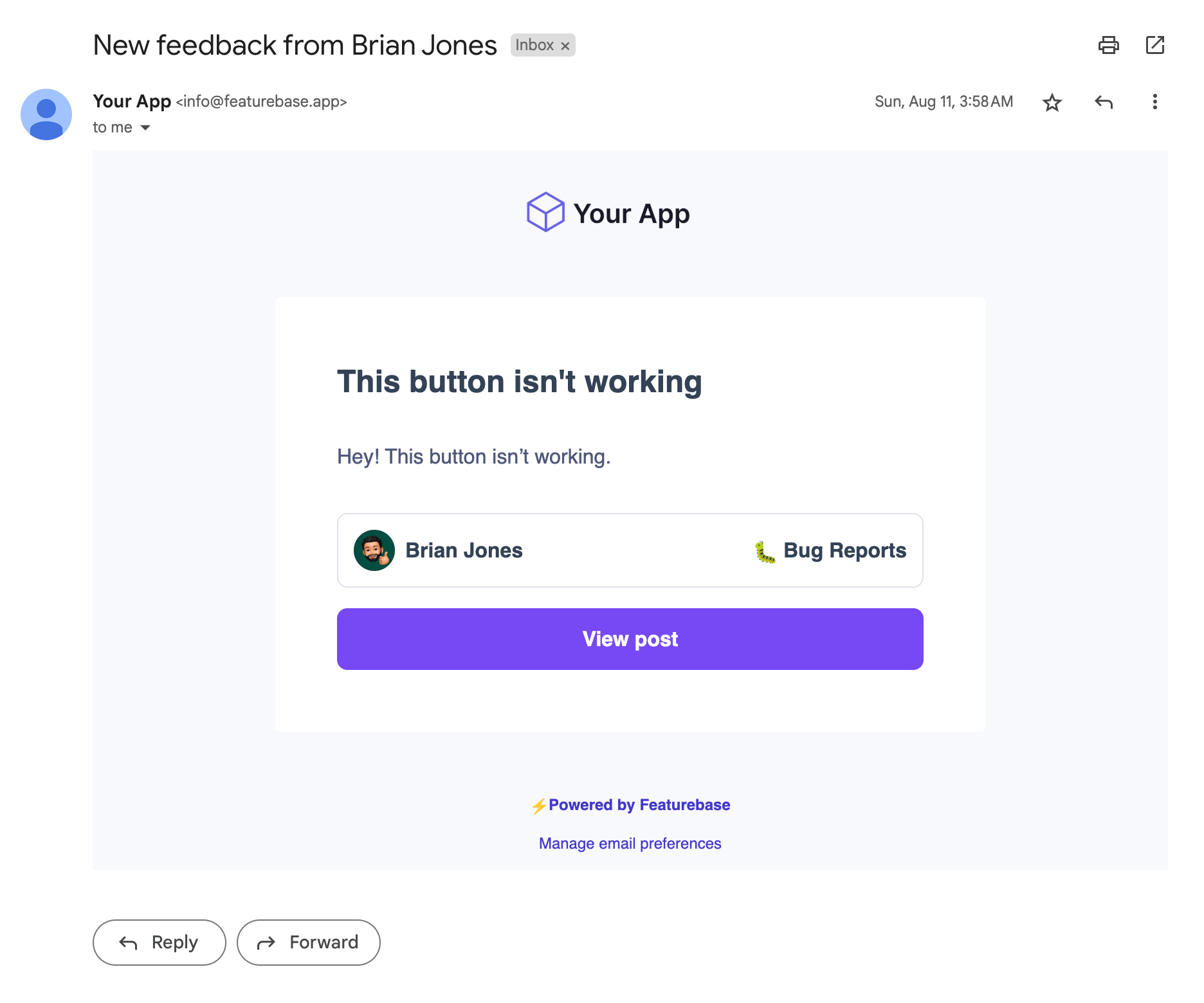 Featurebase's email notifications about new feedback.