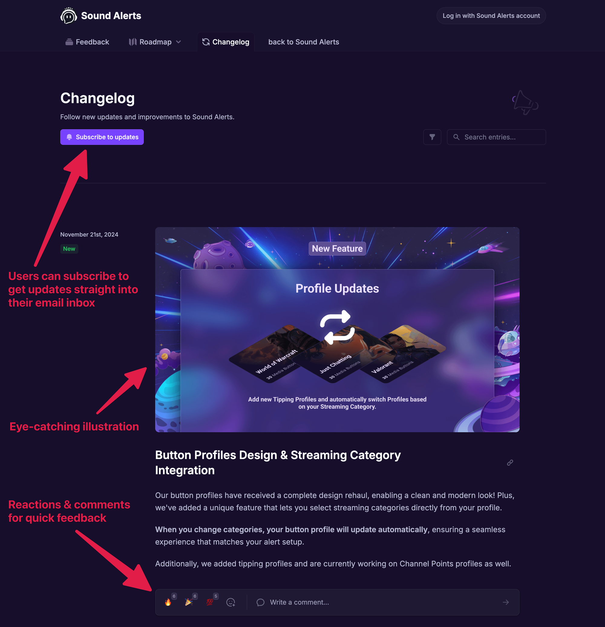 Sound Alerts product changelog made with Featurebase.