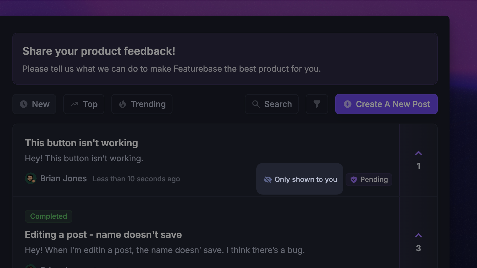 Anonymous feedback feature in Featurebase.