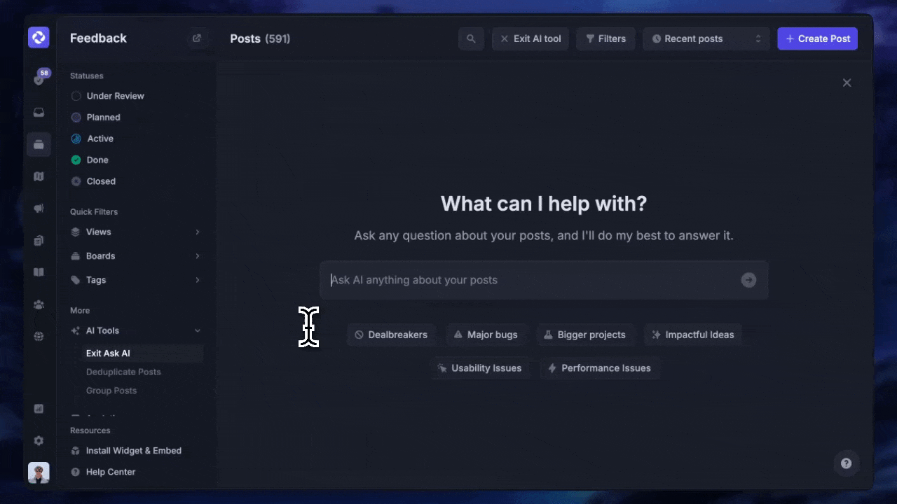 Ask AI to summarize feedback in Featurebase.