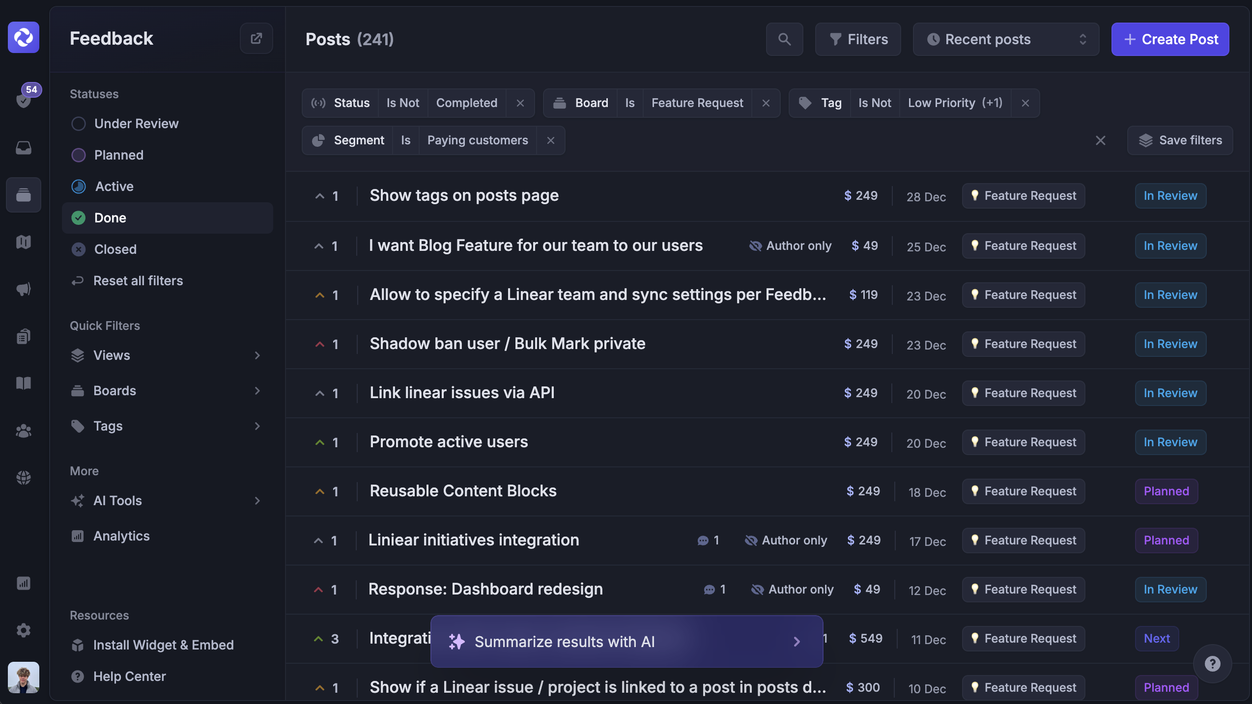 Prioritizing feedback in Featurebase's dashboard.