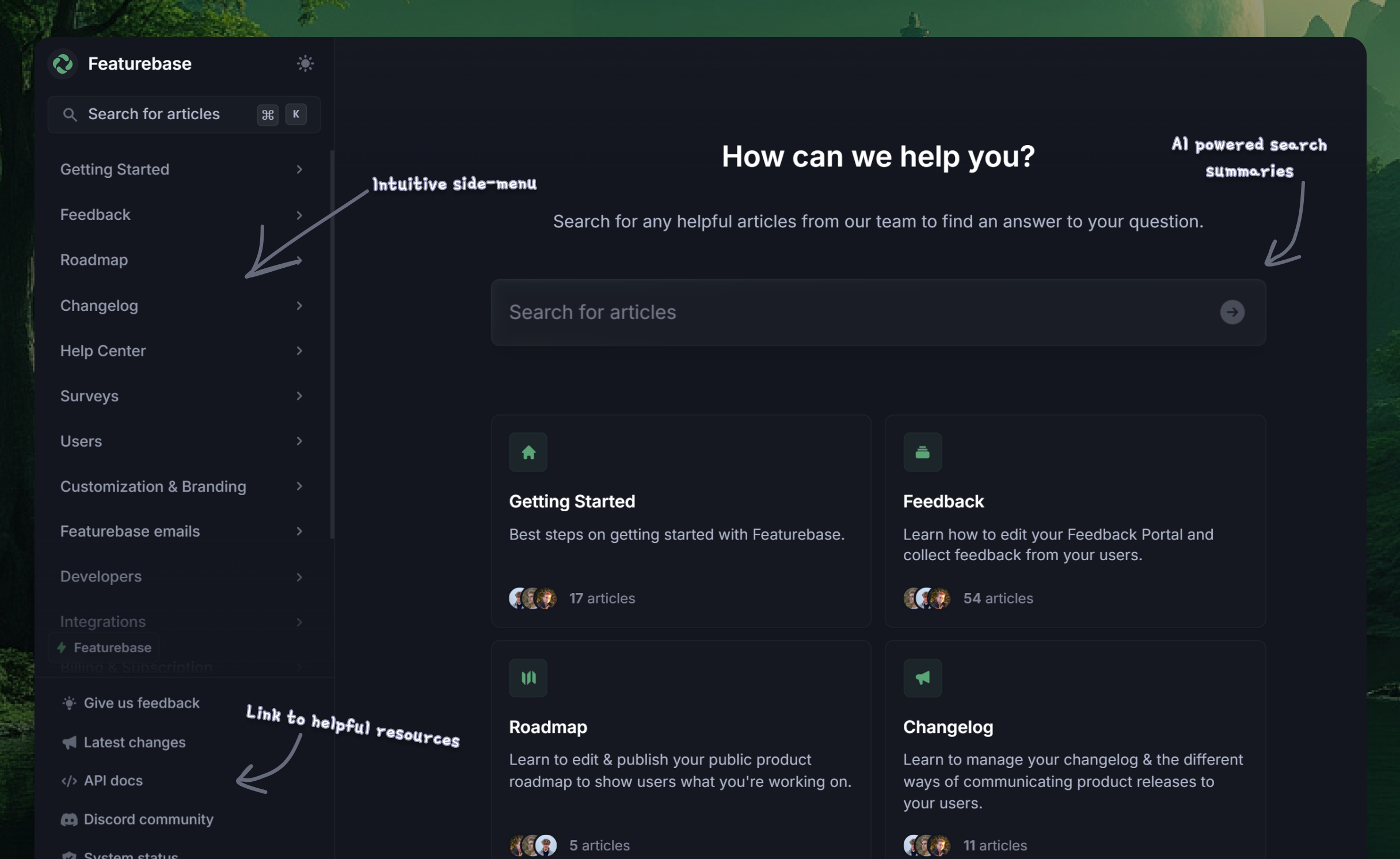 Featurebase's Help Center feature.