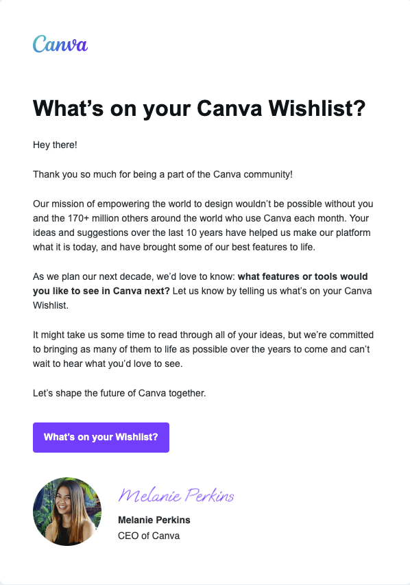Canva's customer feedback email example.