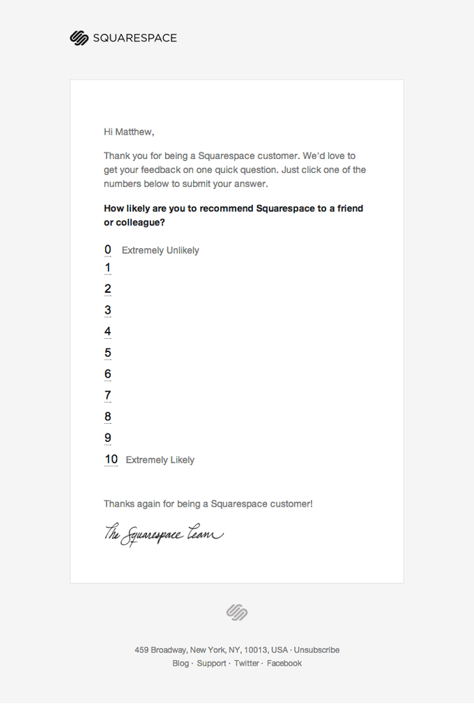 Squarespace's simple customer feedback email example.