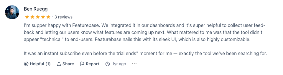 Customer review of Featurebase on Product Hunt