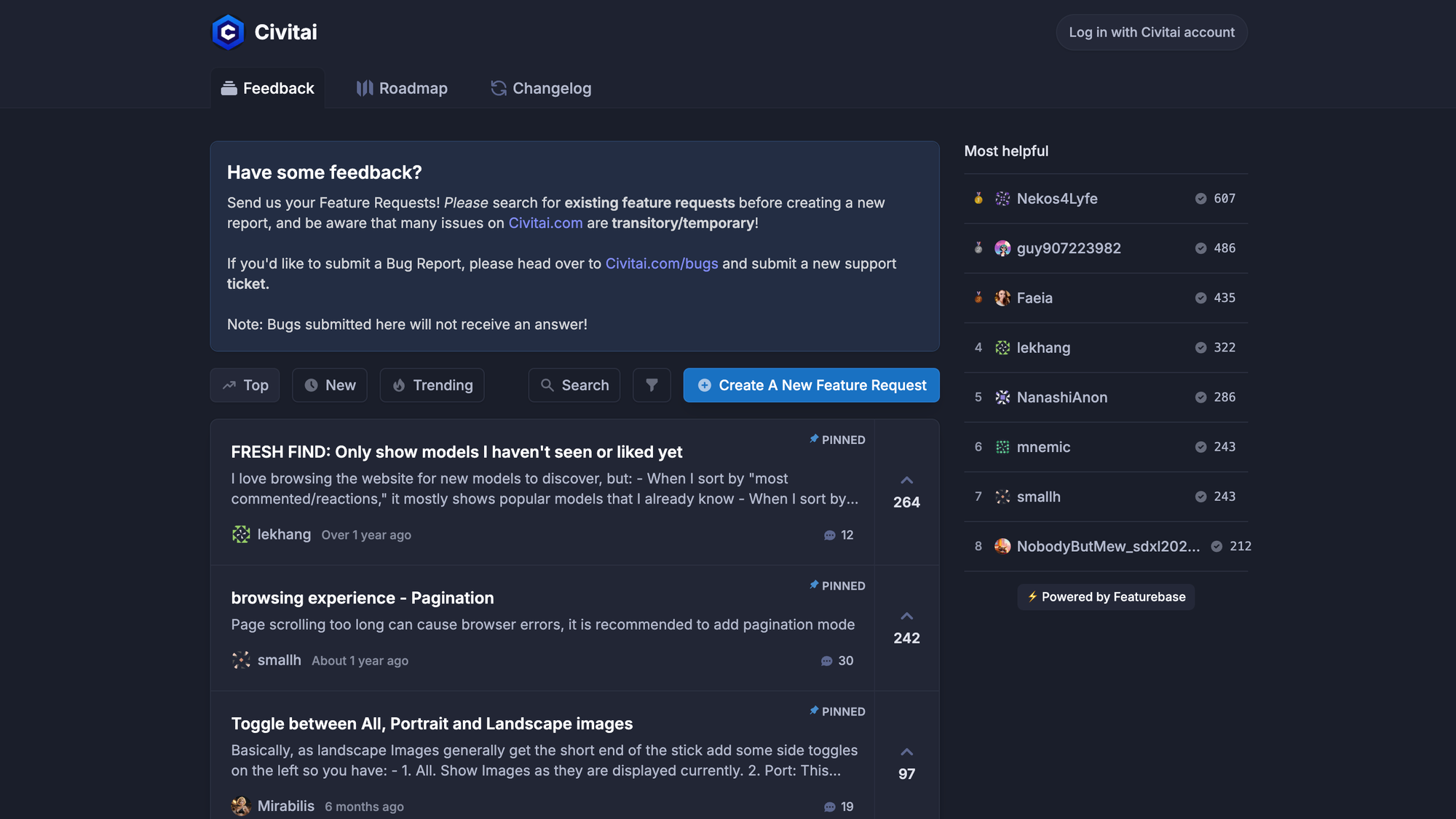 Civitai’s public feedback portal.