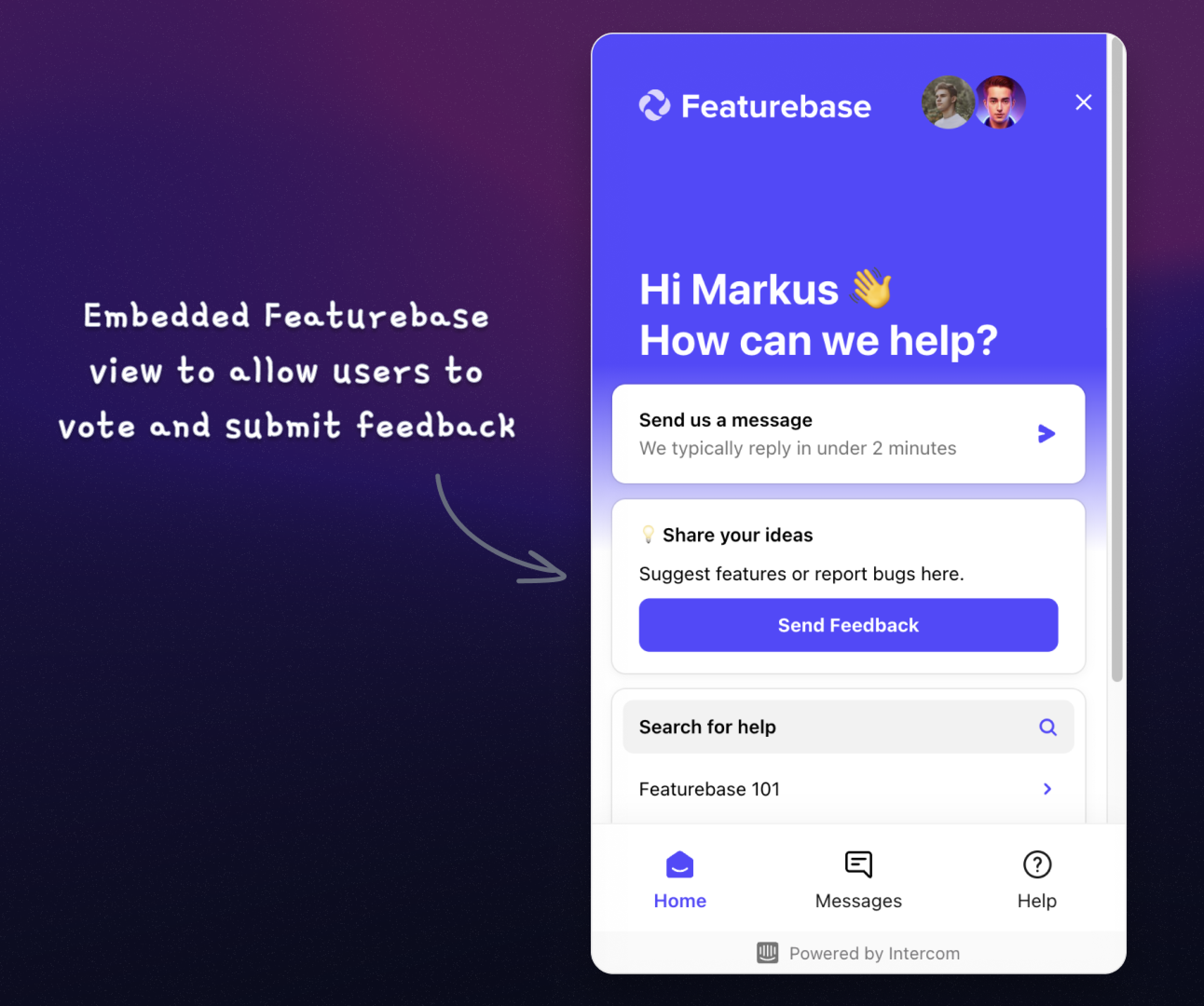 Users can interact directly with Featurebase through the embedded view in Intercom.