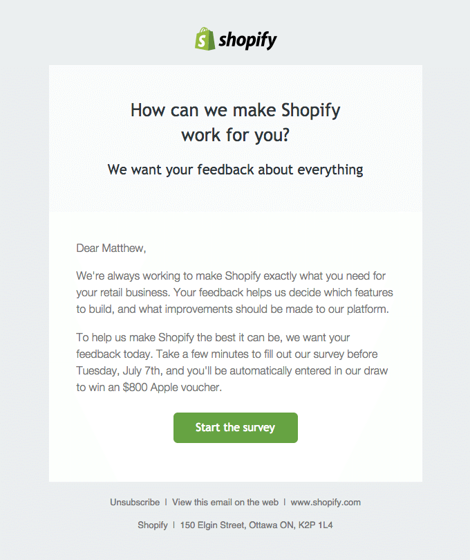 Shopyfy's rewarded customer feedback email example.