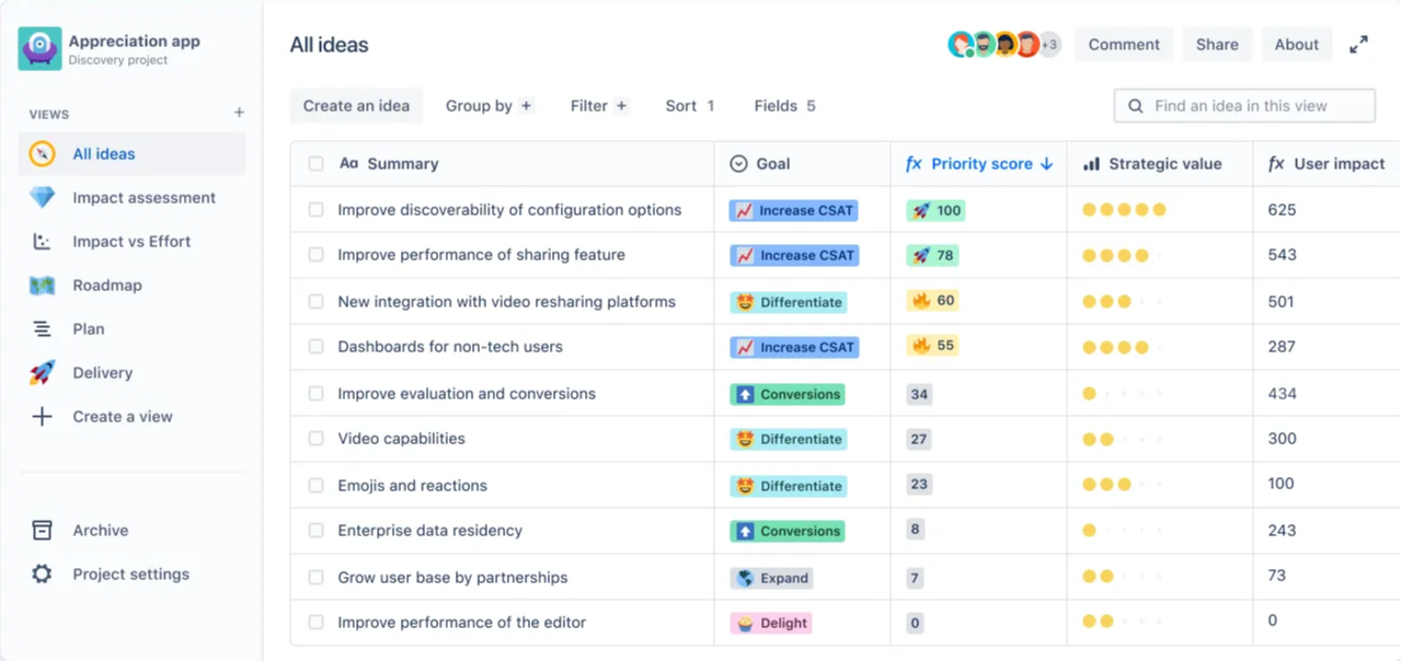 Jira Product Discovery feedback board showing a list of suggested ideas and a button to create new ones.