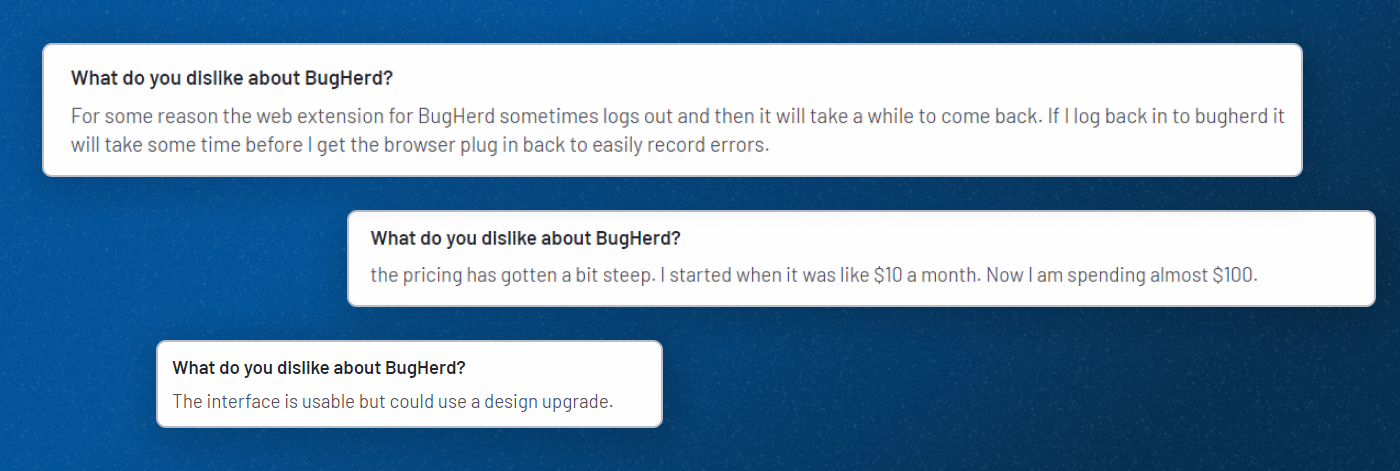 Screenshot of BugHerds drawbacks according to their users' reviews.