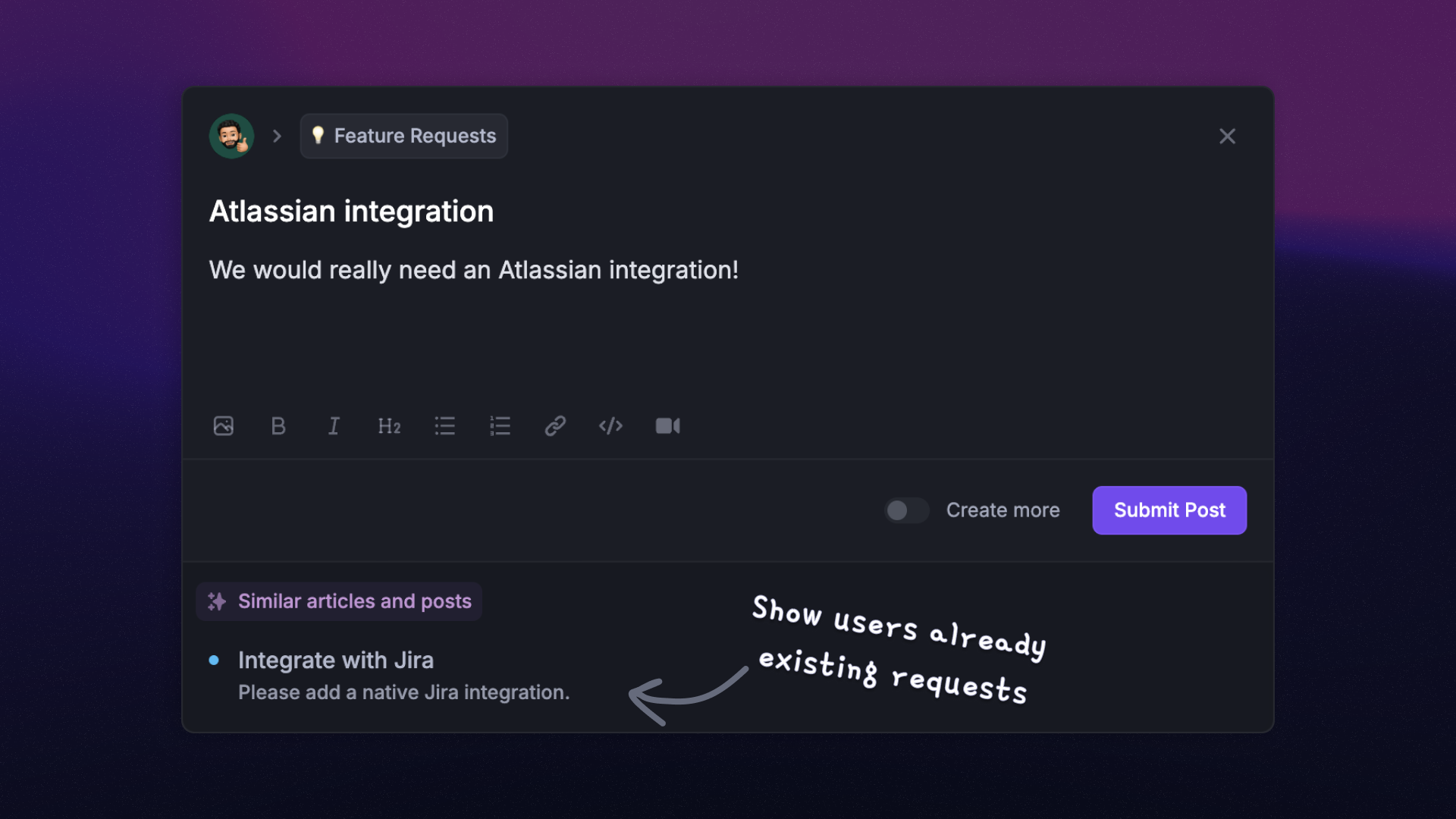 Featurebase feature request form example.