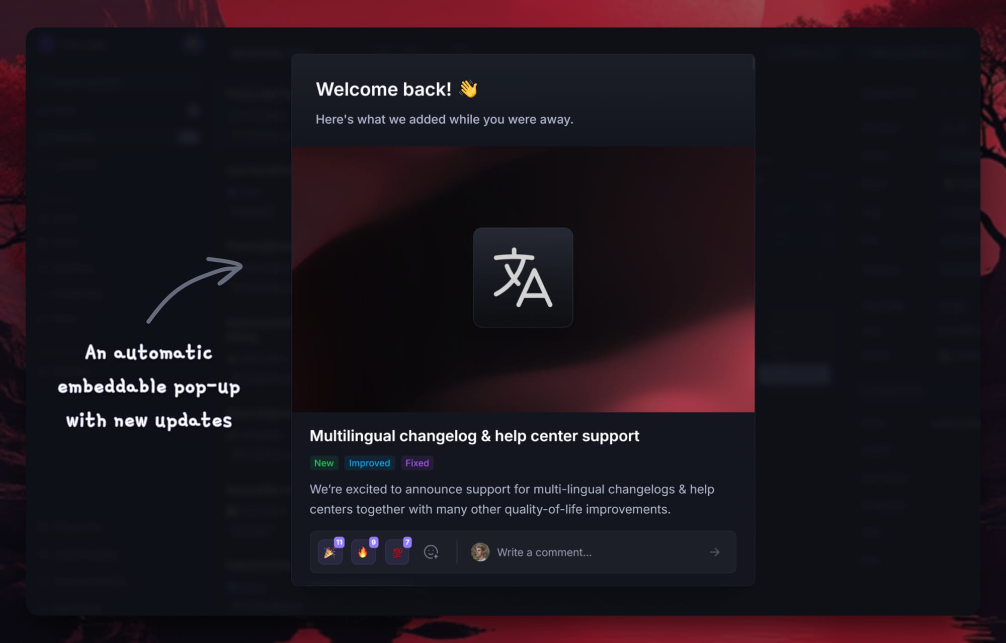 Embeddable in-app pop-up from Featurebase