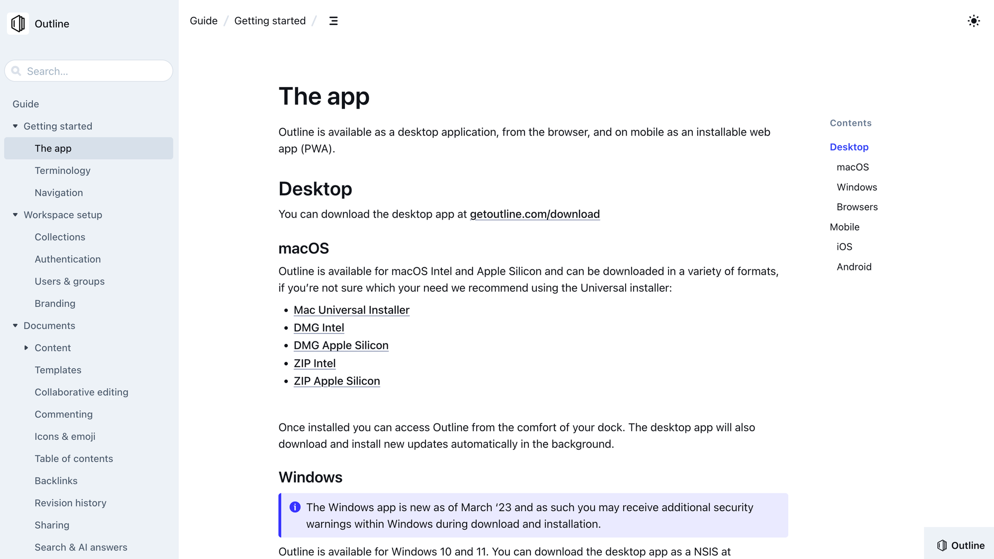 Outline product docs