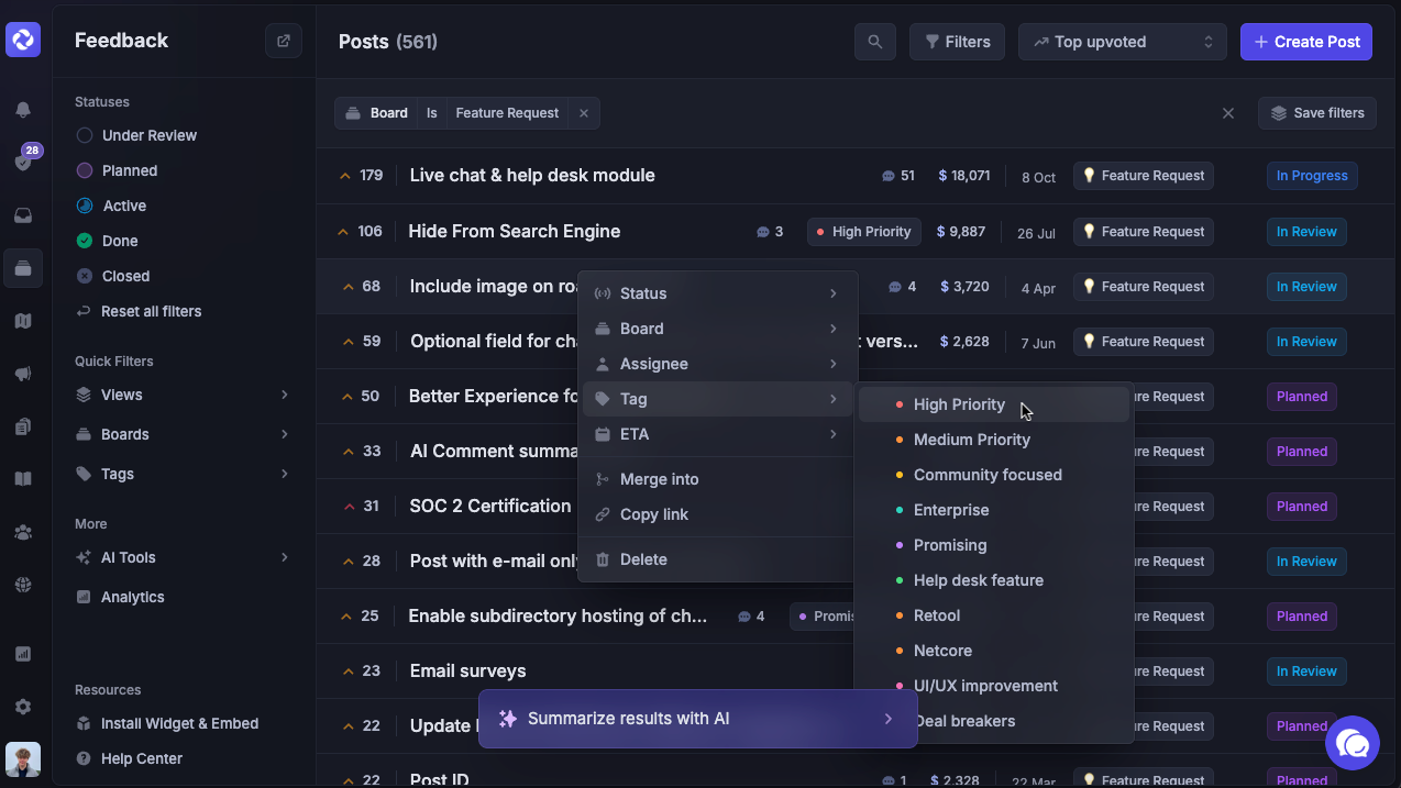Tagging and sorting feedback.