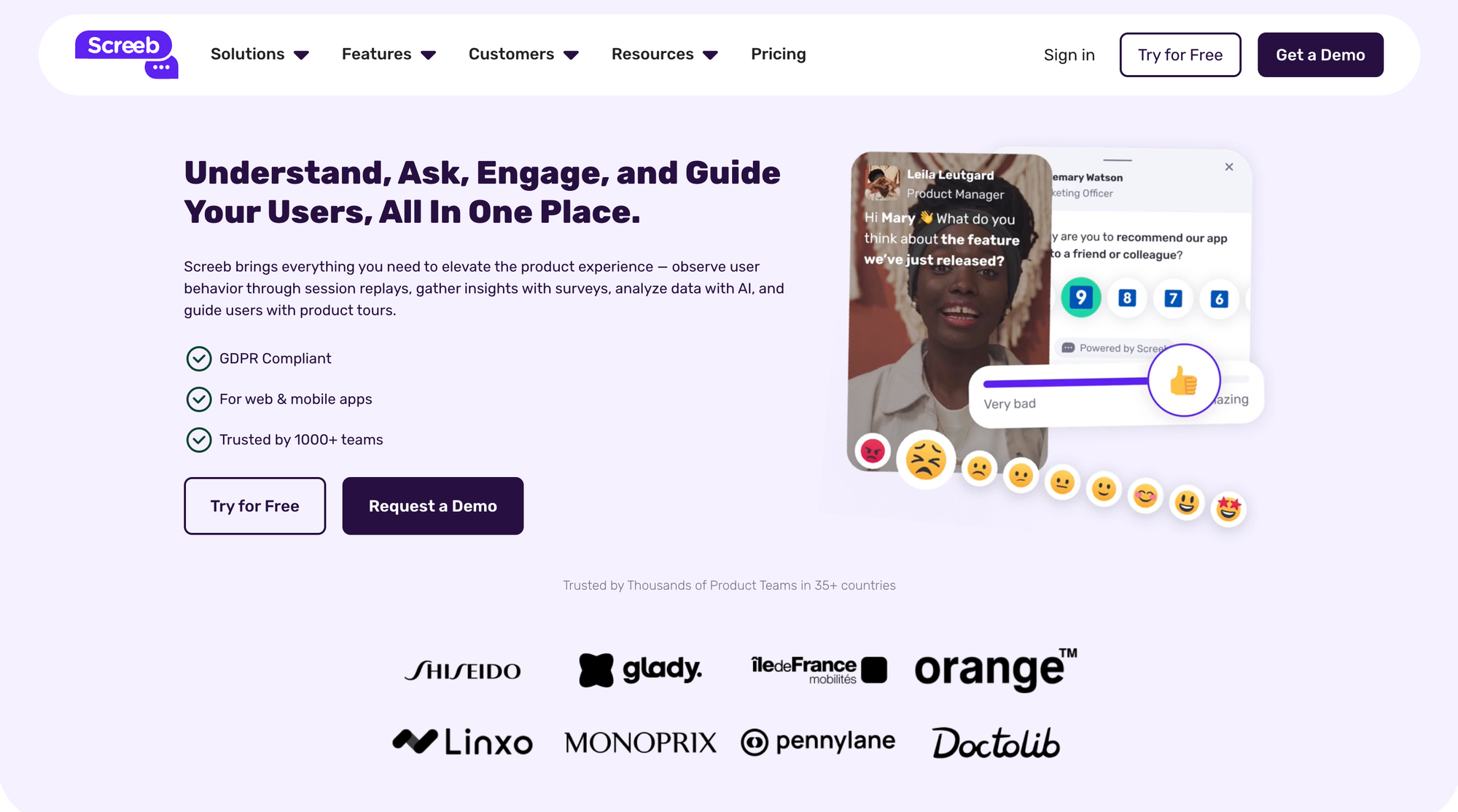 Screeb marketing page.