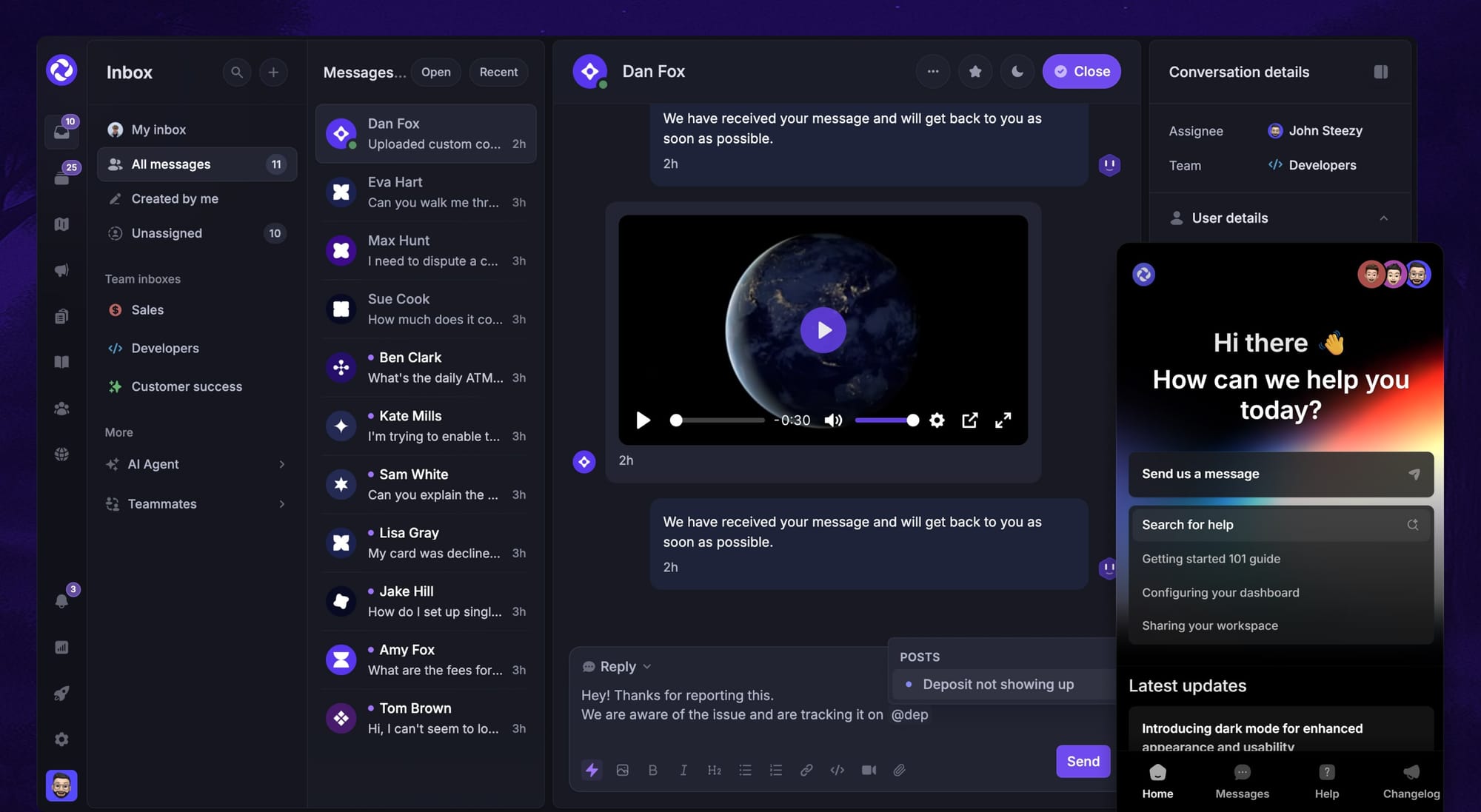 Featurebase's support inbox and messenger.