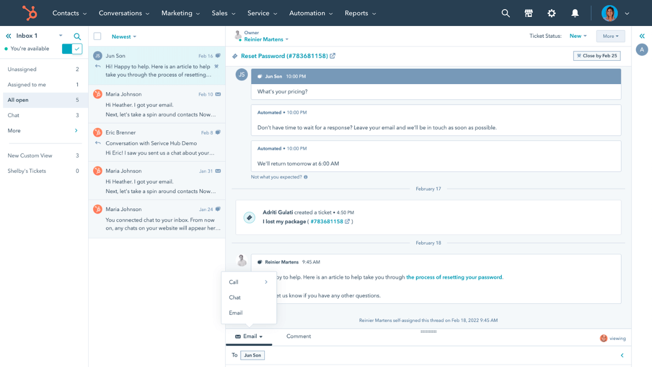 HubSpot Service Hub inbox.