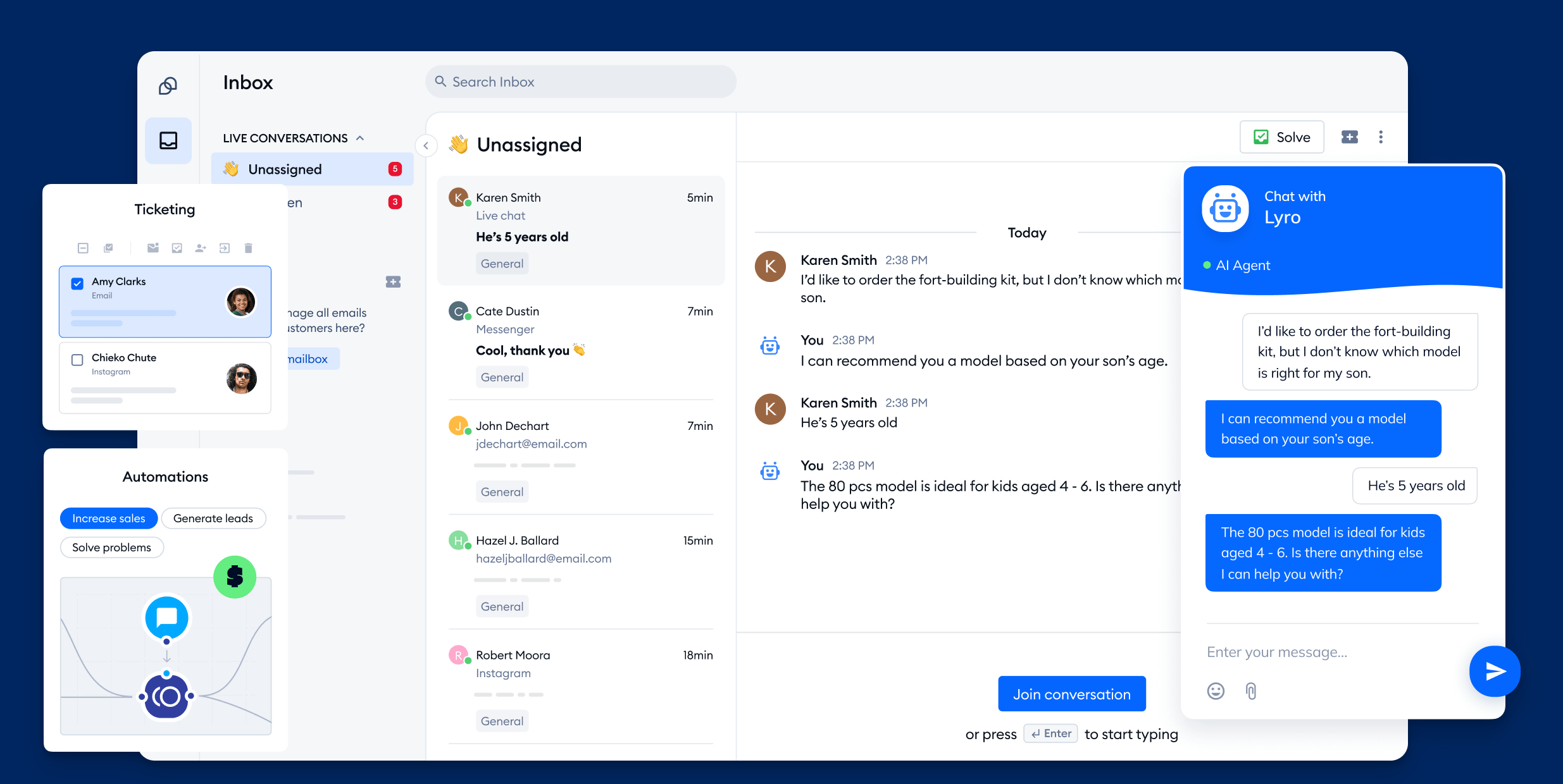Tidio's support inbox and live chat.