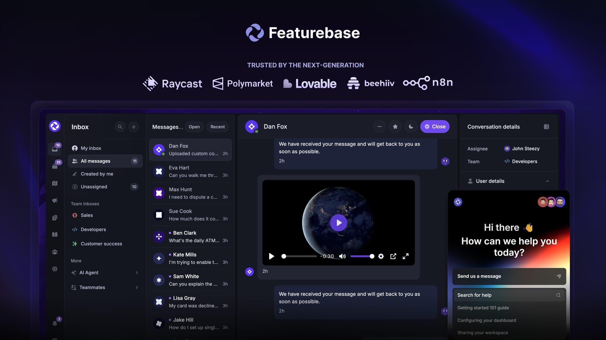 Featurebase's support inbox and messenger.