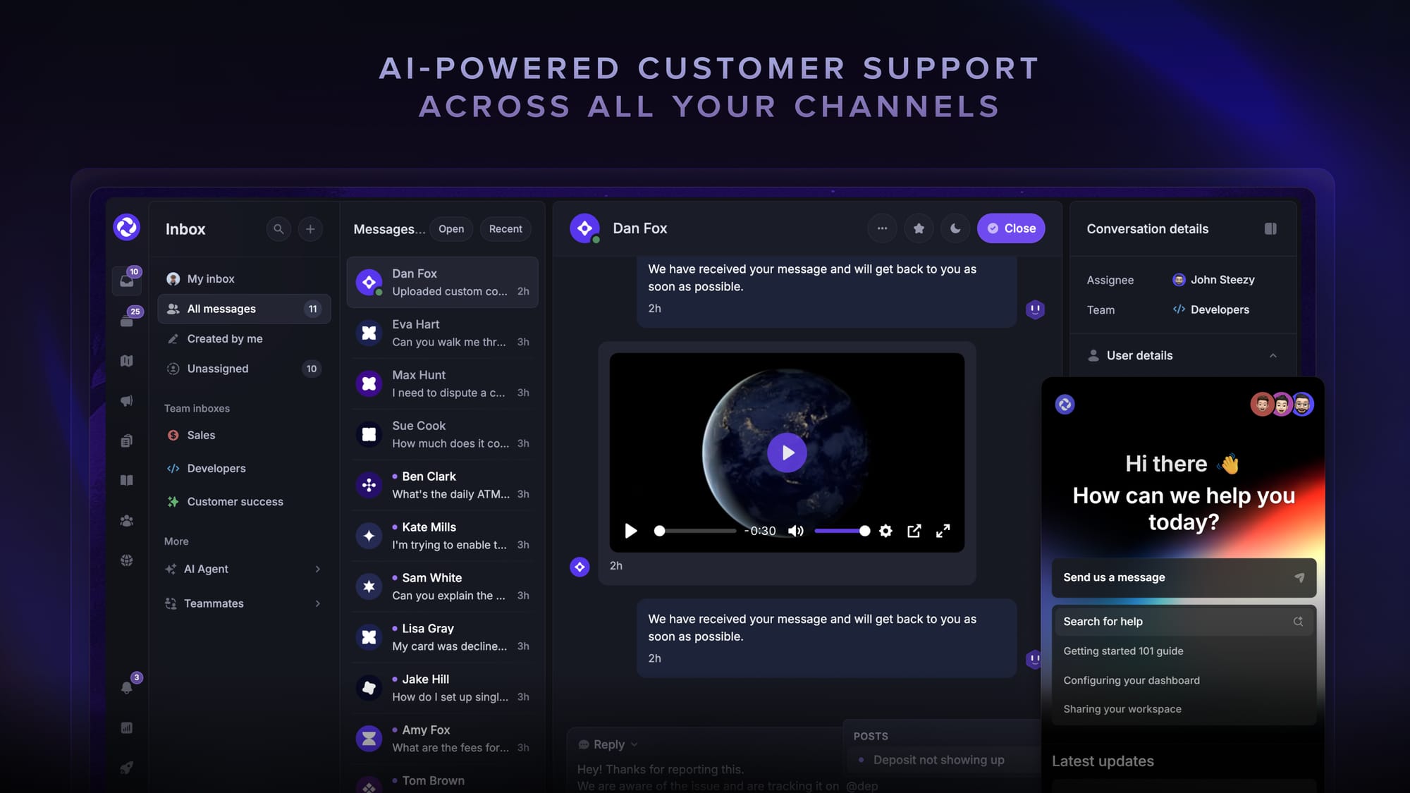 Featurebase's support inbox & live chat.