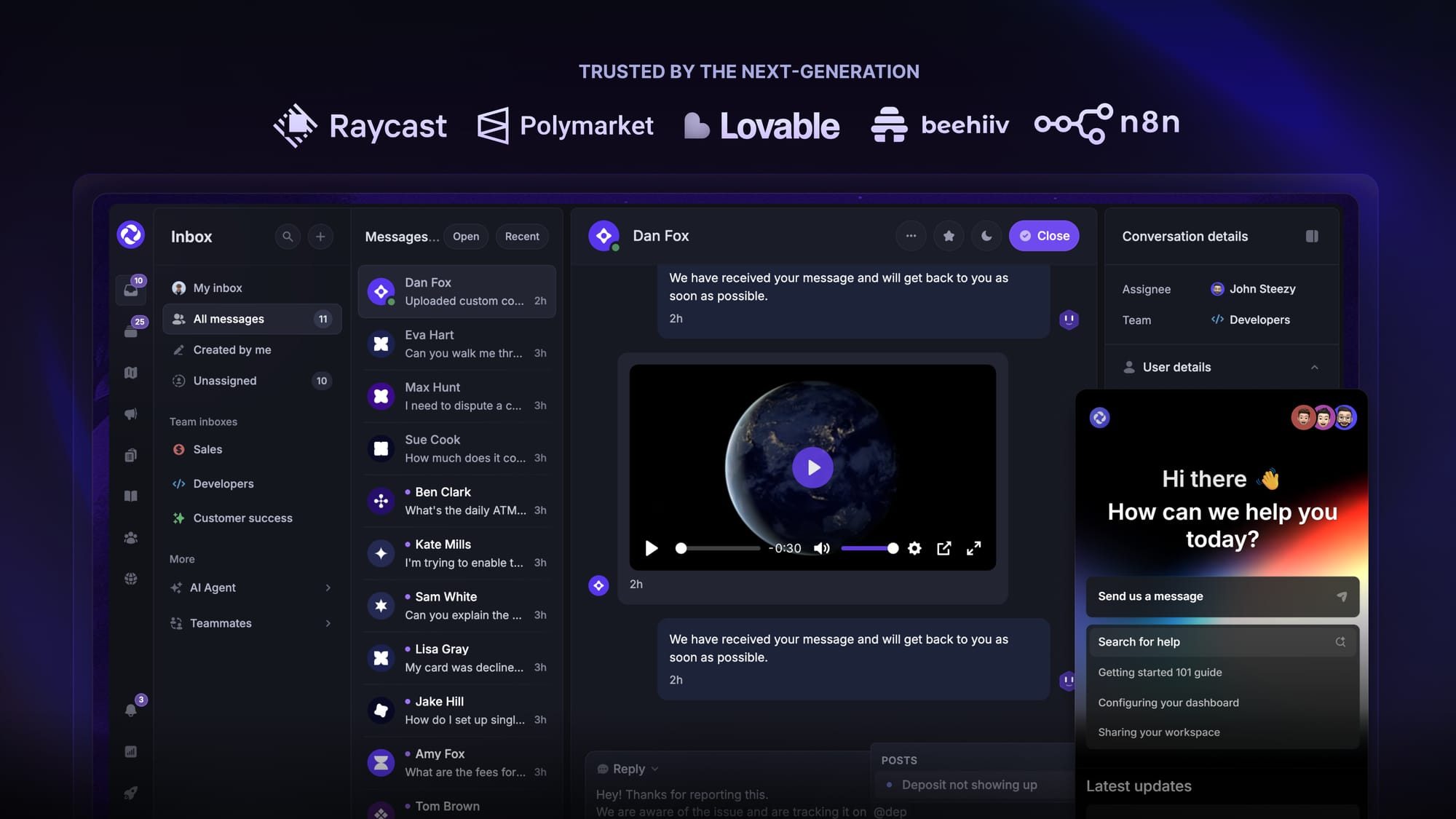Featurebase's support inbox and messenger.