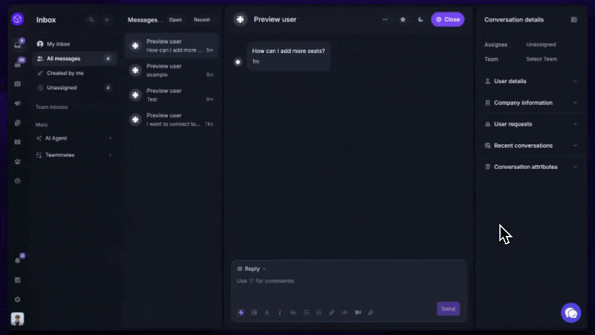 AI replies in the support inbox.