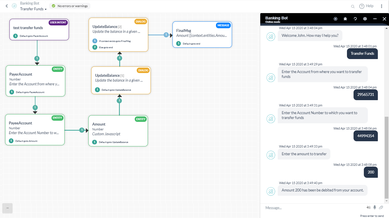 Kore AI bot workflow builder.