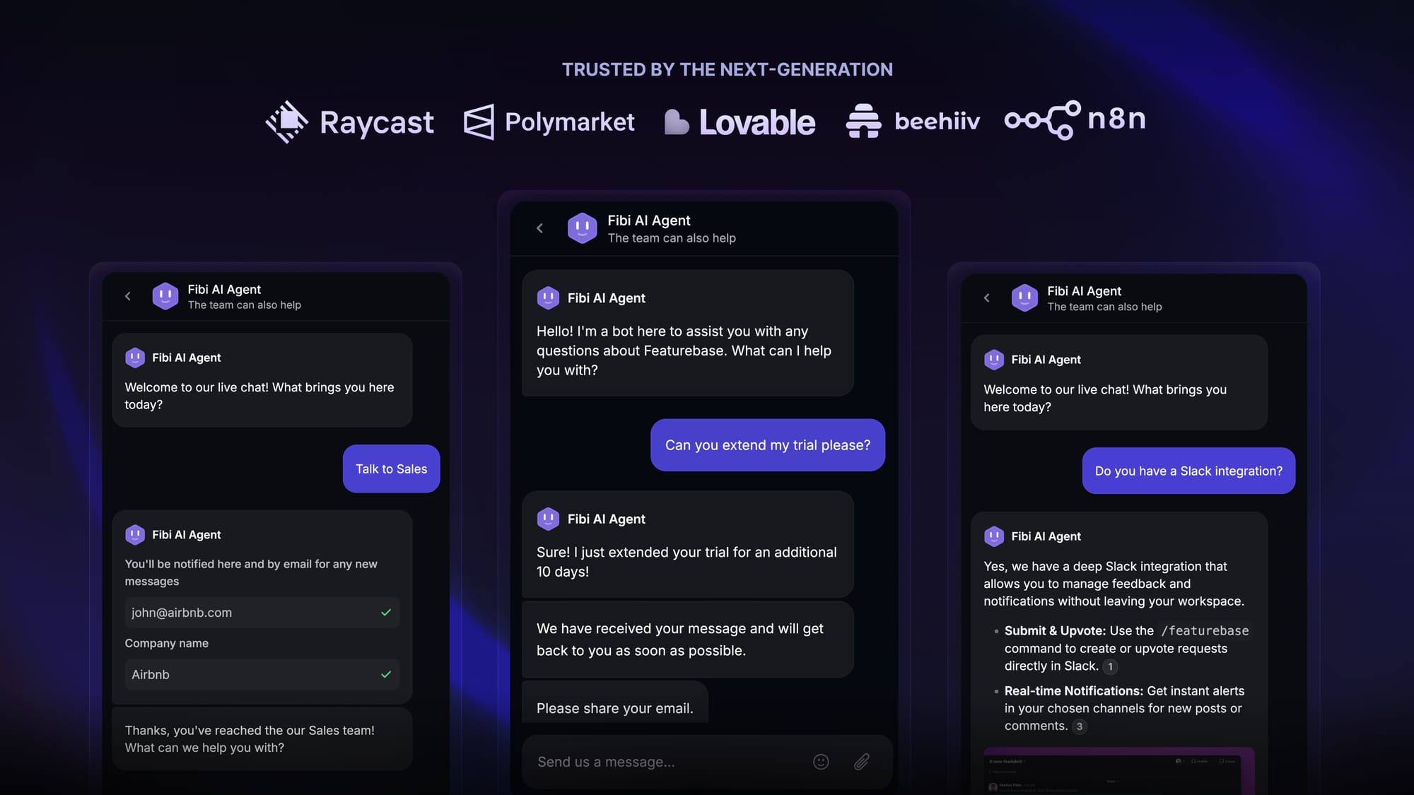 Featurebase's Fibi AI support agent.
