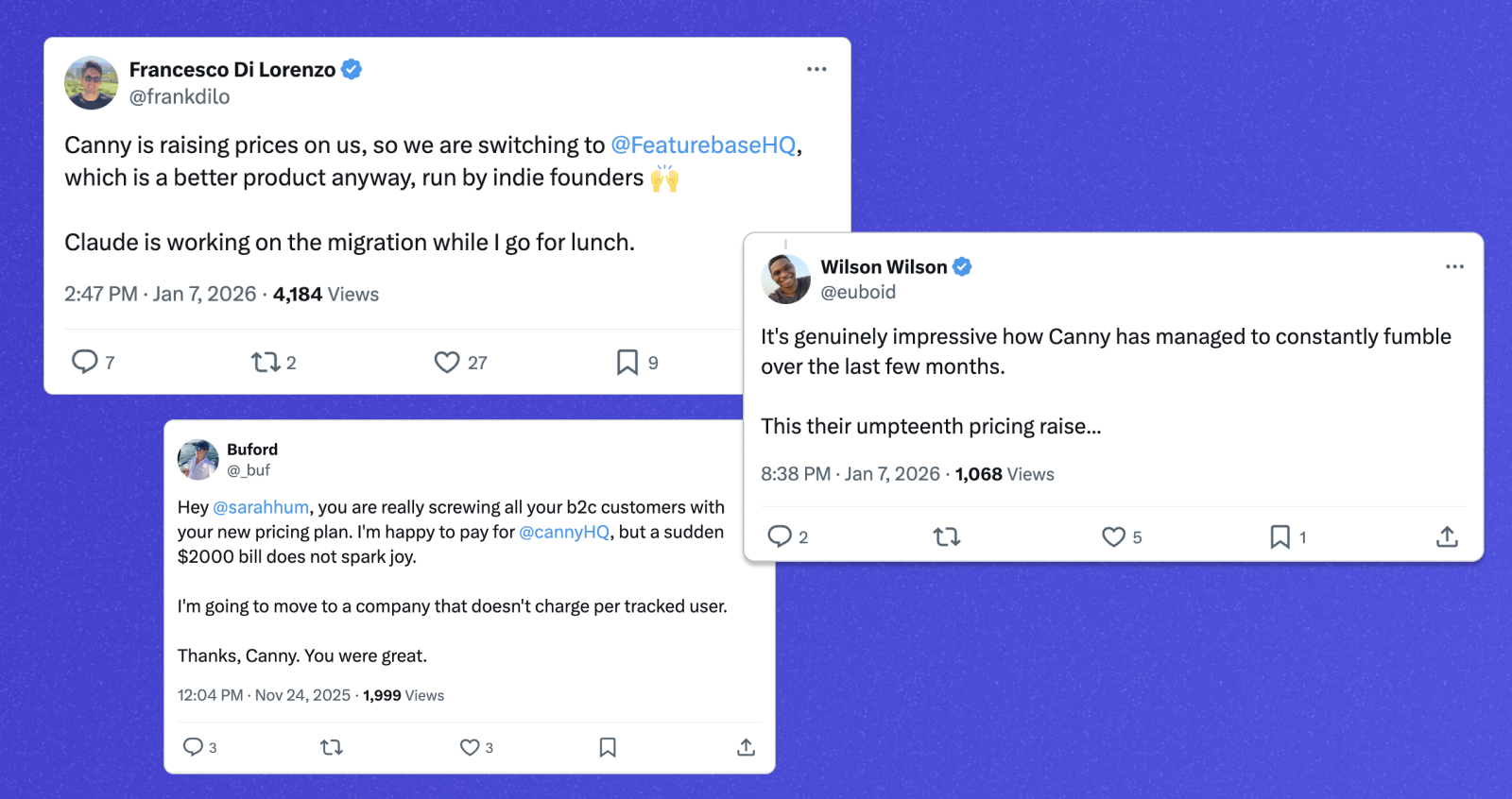 Twitter screenshots of complaints about Canny's prices.